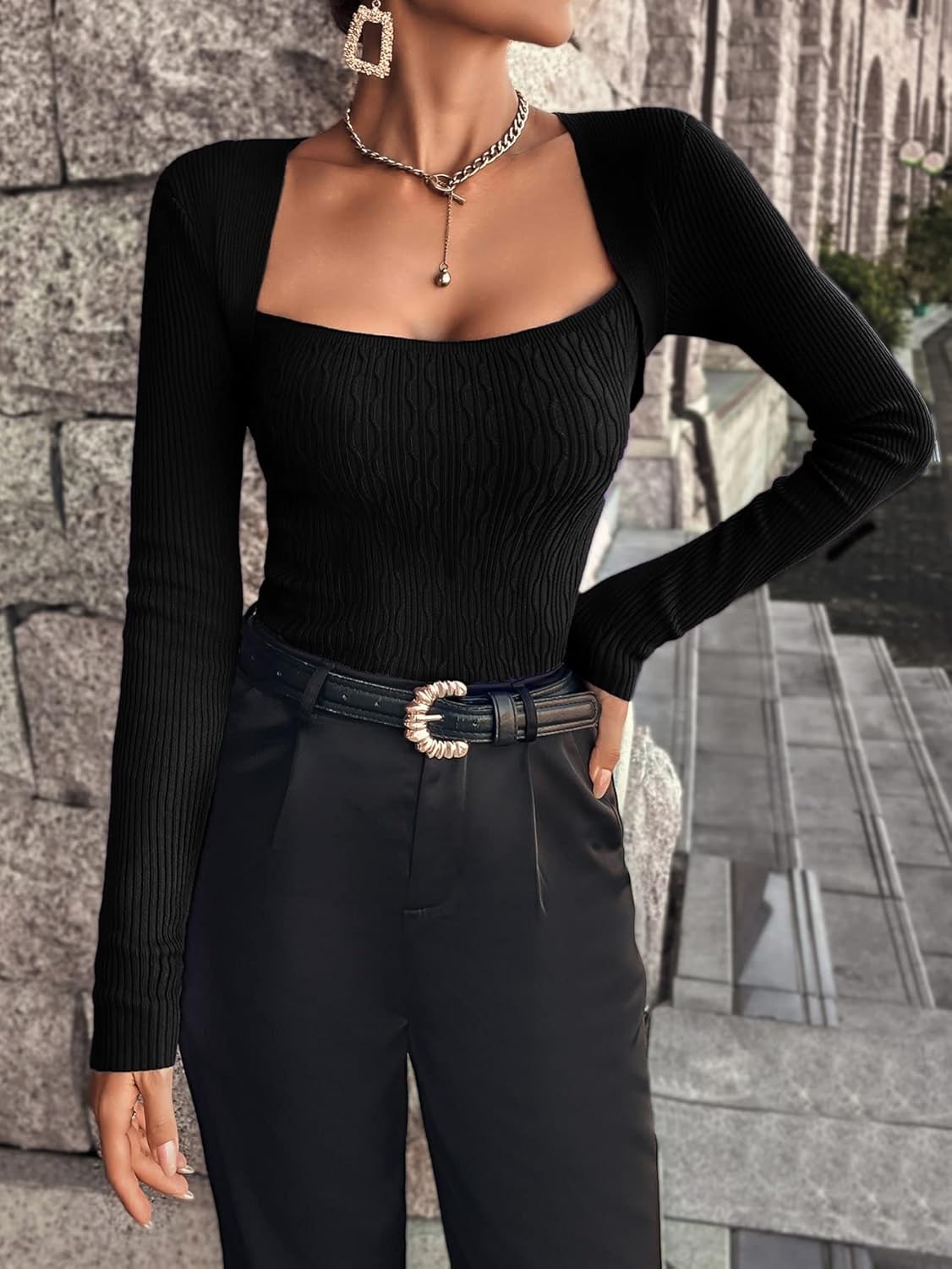 Women's Sweater Ribbed Knit Square Neck Sweater Sweater for Women (Color : Black, Size : Medium)