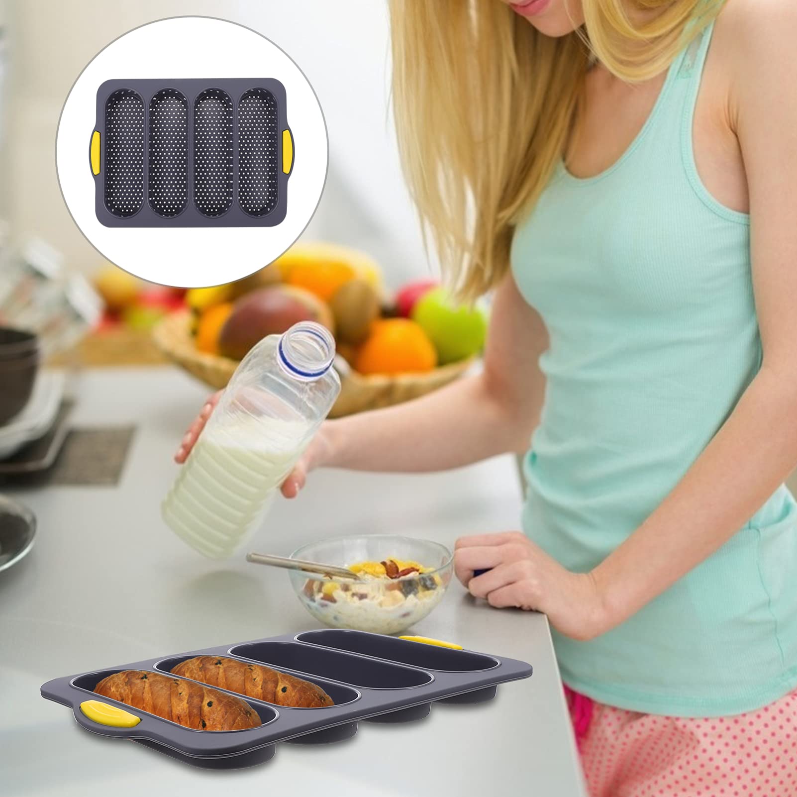 DOITOOL French Bread Baking Pan 4 Slots Silicone Pan for Baking Bread, Loaf Loaves Loaf Bake Mold Toast Cooking Bakers Molding (Black, 38 x 16.2 .4cm)