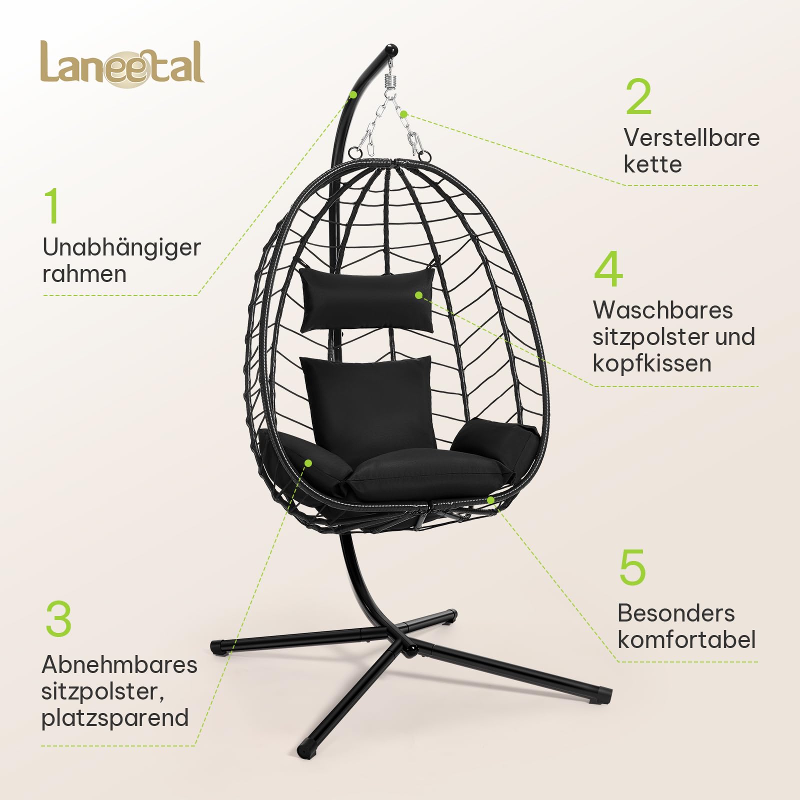 Laneetal Hängesessell mit Gestell Outdoor und Indoor, 150 kg Tragfähigkeit, PE-Rattan, Metallgestell, für Garten, Balkon, Terrasse, Wohnzimmer, 102 x 196 x 100 cm, Anthrazit