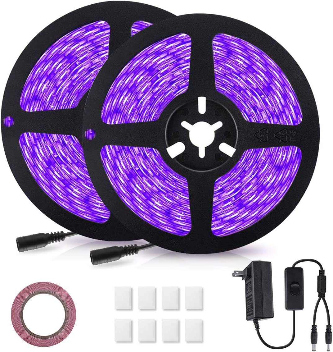 33ft/10M Black Light Strip,GLIME Black Light Beads 600 Units LED 12V Flexible Blacklight for Lighting Indoor Fluorescent Dance Halloween Party,Stage Lighting,Christmas Decoration,Bed Room
