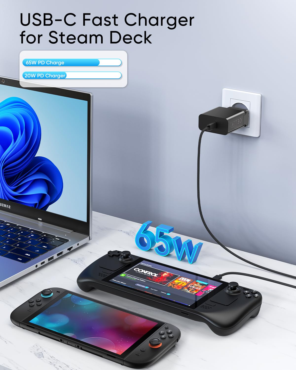 65W Chargeur Rapide USB C pour Steam Deck, pour Nintendo Switch 2 &ROG Ally | Adaptateur Secteur Pliable PD3.0 avec 3M/10FT Câble, pour Station D'accueil TV/Chargeur Switch 2 Console pour PlayStation