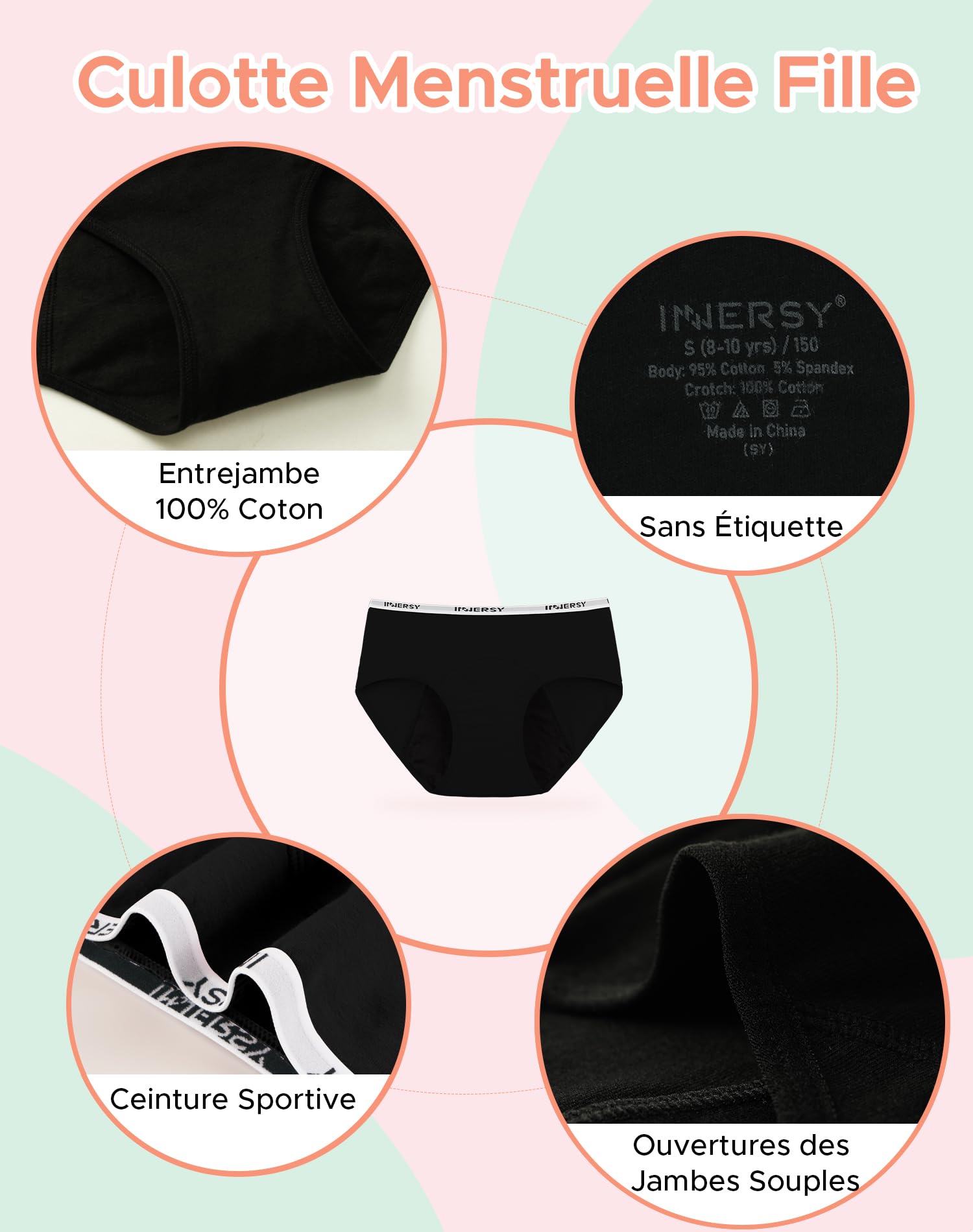 INNERSY Culotte Menstruelle Coton pour Fille Adolescente Slip Périodique Lavable Shorty de Règle 10-16 Ans Lot de 3