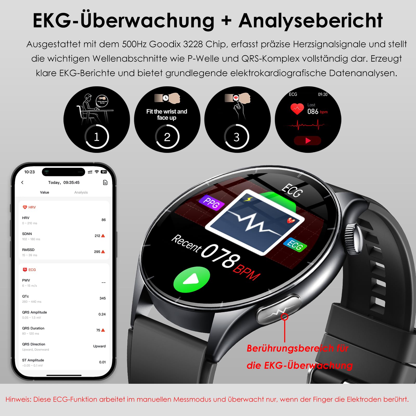 2026 Neu Smartwatch Herren mit EKG/Blutdruck/Harnsäure/Schlaf/HRV/LED-Licht | 1,56"AMOLED Rund Gesundheitsuhr mit Emotion/Stimmung/BMI/SpO2/Körpertemperatur/Pulsuhr,SOS-Notruf Fitnessuhr für iOS Android