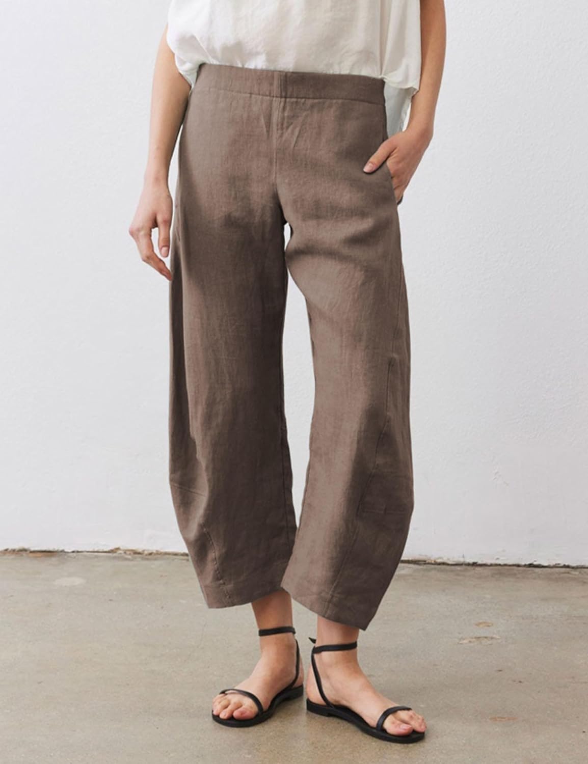 SeekMe Women's Cotton Linen Pants Barrel Leg Palazzo Elastic Waist Casual Capri for Beach Vacation - Image 2