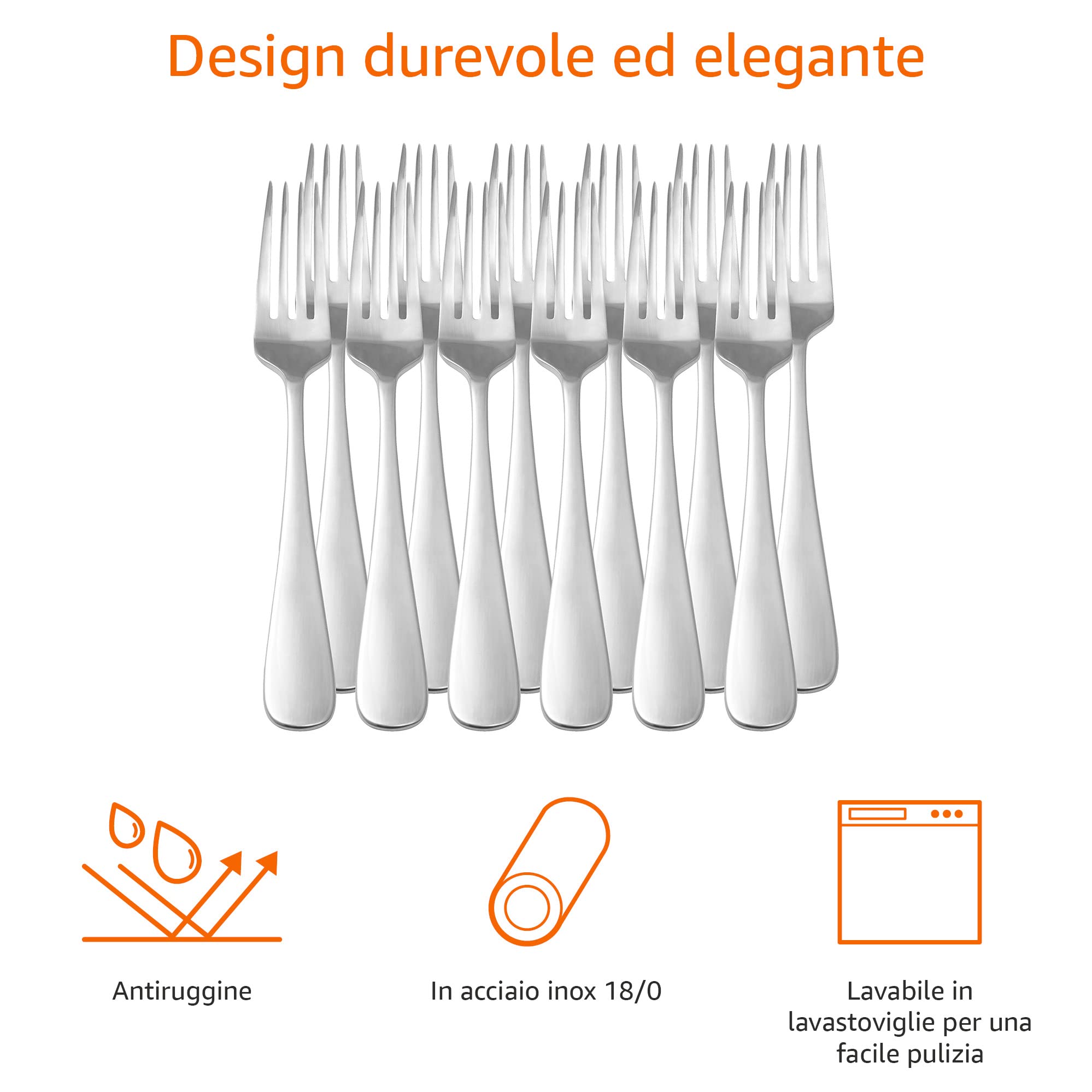 Amazon Basics Forchette da tavola in Acciaio Inox con Bordo Arrotondato, Confezione da 12 Pezzi