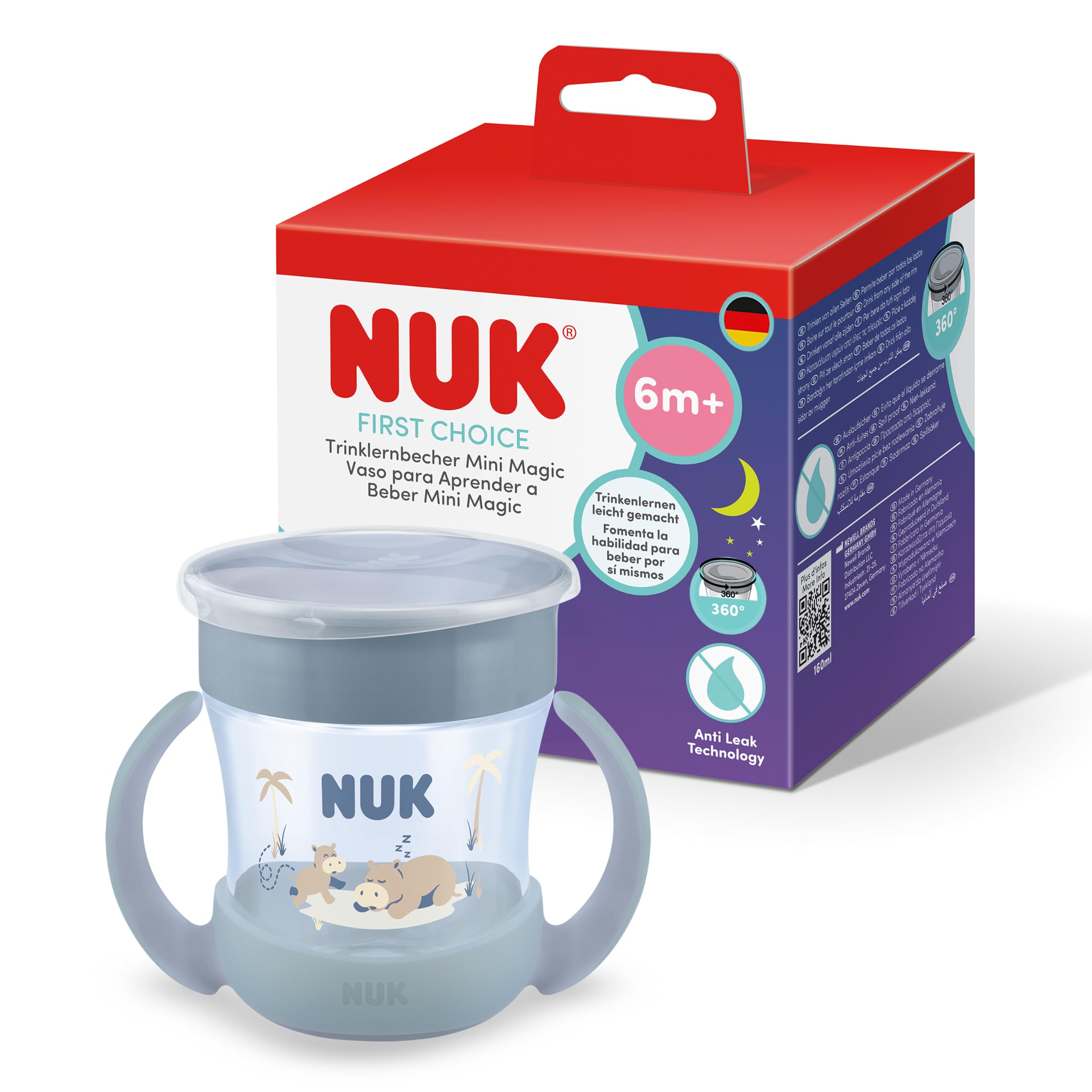 NUK Mini Magic Cup Night Sippy Cup | 6+ Months | 160ml | 360° Anti-Spill Rim | Toddler Bottle with Anti-Slip Handles | Glow in the Dark | Hippo | 1 Count