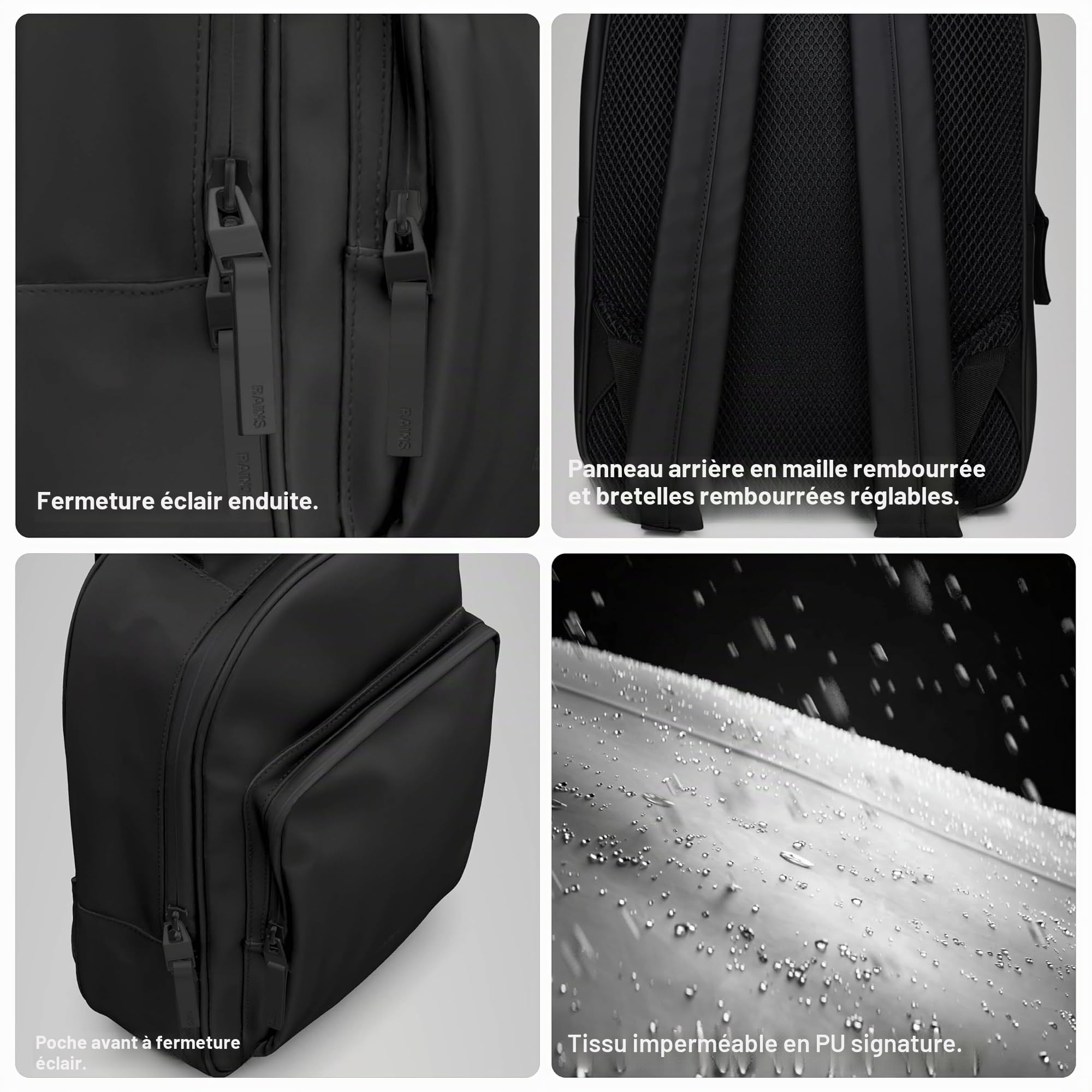 RAINS Sac à dos standard et grand format pour ordinateur portable, imperméable, noir