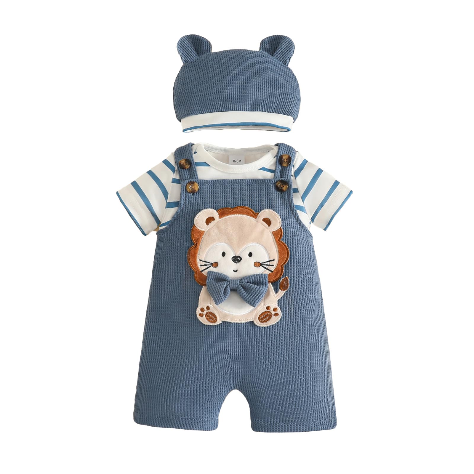 Ropa de Bebé Recién Nacidos Manga Corta a Rayas Mono Top+ Pantalones Cortos con Tirantes y Animales + Sombrero 3 Piezas Verano Conjuntos