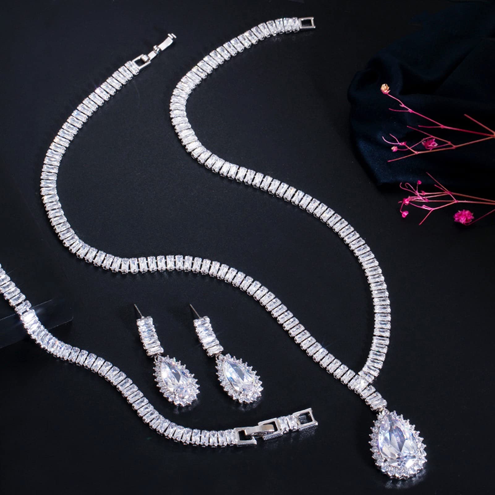 Gioielli Bianco Lucido Grande Goccia d'Acqua zirconi da Donna Collana da Sposa e Orecchini Set di Gioielli da Sposa