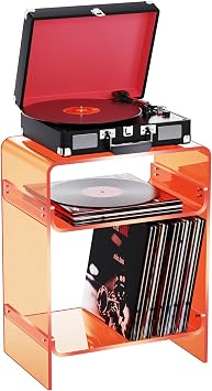 Acrylic Record Player Table with Storage Shelf, Clear Side Table Nightstand Orange, Large