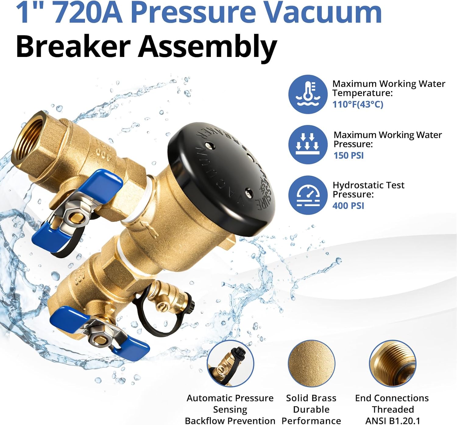 1" 720A Pressure Vacuum Breaker Assembly, Solid Brass Backflow Preventer,Max 400 PSI,Back flow Preventer Valve for Lawn Irrigation System, Garden Sprinkler, Commercial Water Supply Systems
