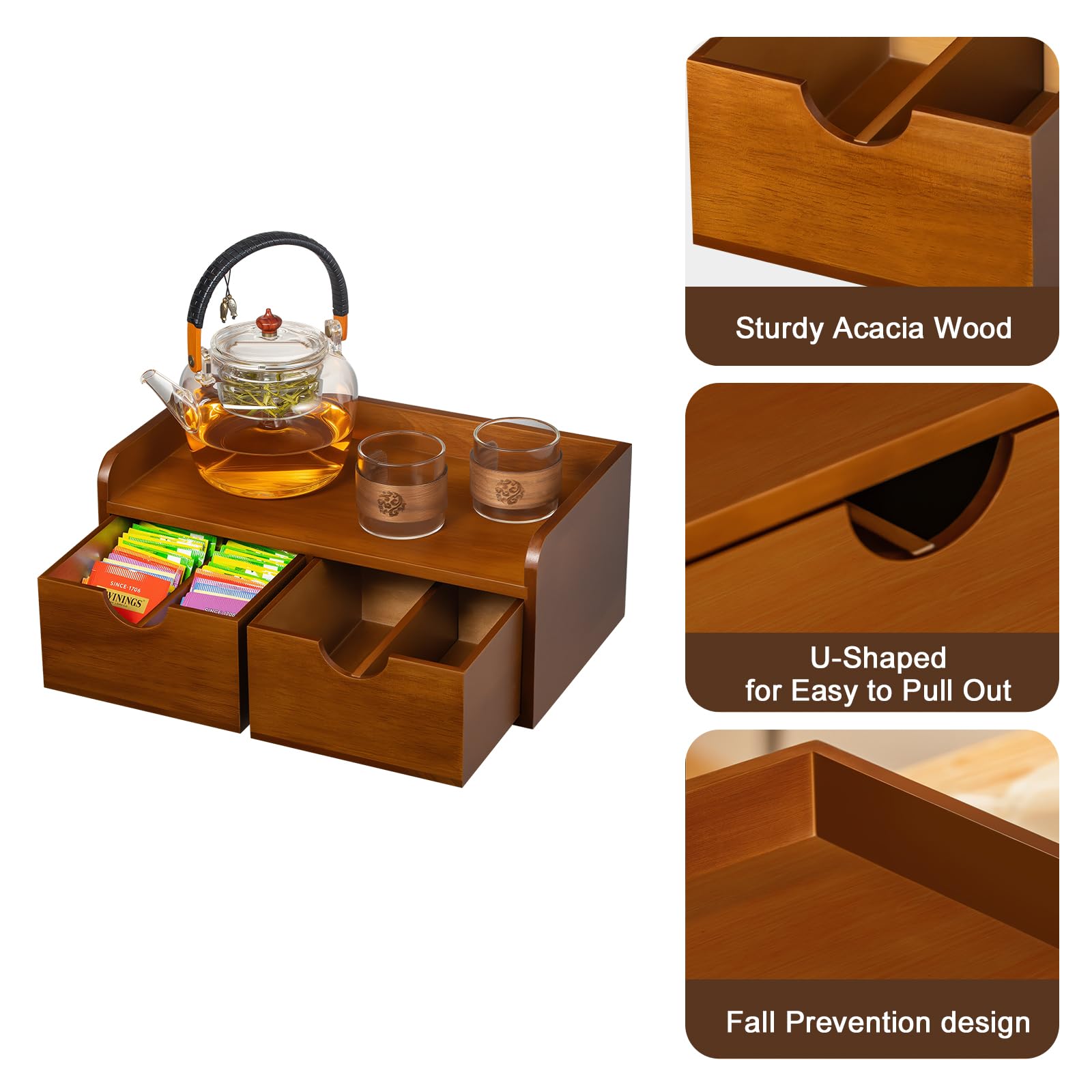 Teebeutel-Organizer aus Akazienholz, Tee-Organizer und Aufbewahrungsbox, Teebeutelhalter mit Schublade, Teestation, Truhe für Arbeitsplatte, Küche, Büro, Kaffeekapsel-Organizer