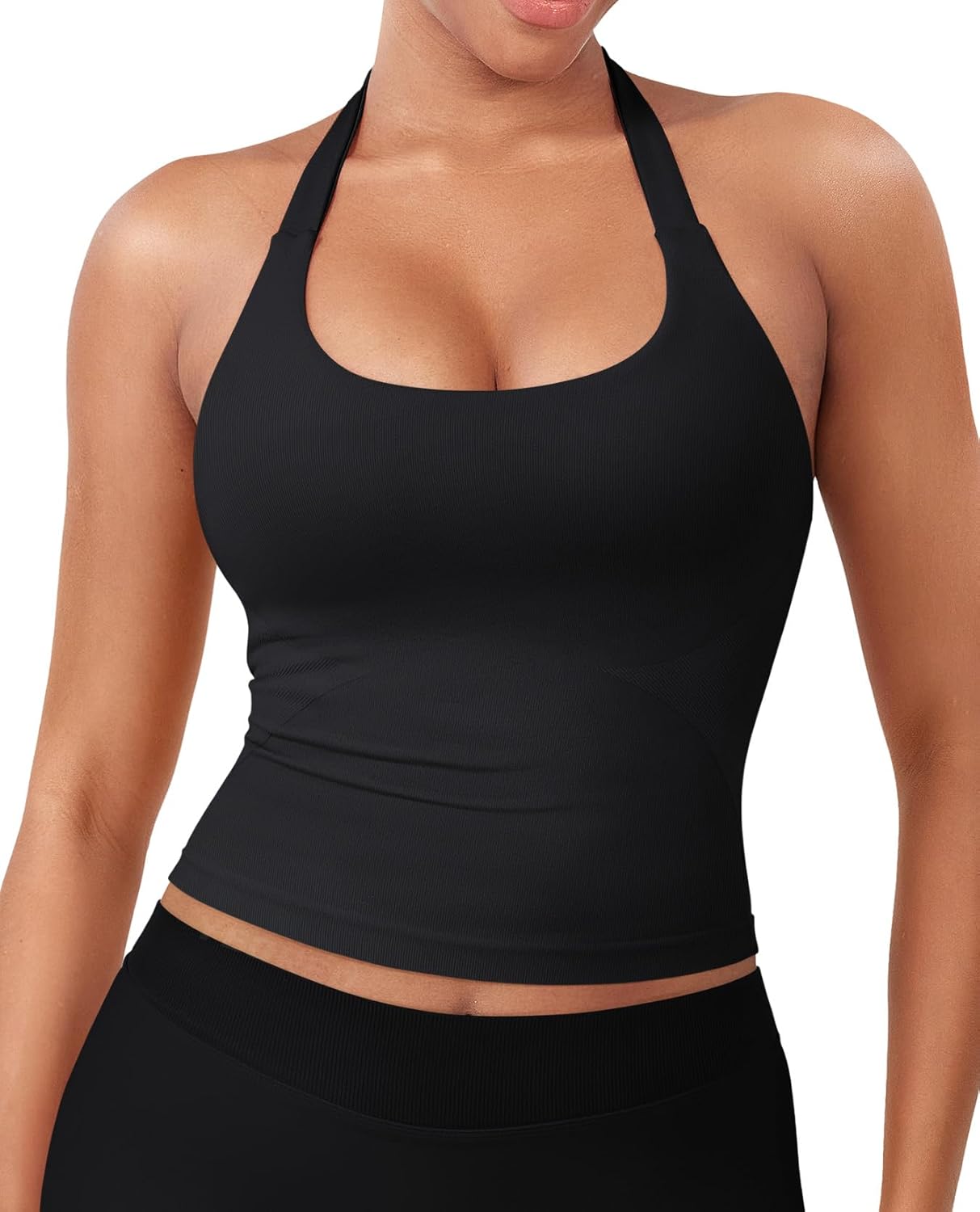 YEOREO SoftHue Women's Impact Halter Tank Top Longline Backless Scoop Neck Built-in Bra Sports Workout Gym Crop Top Black Large