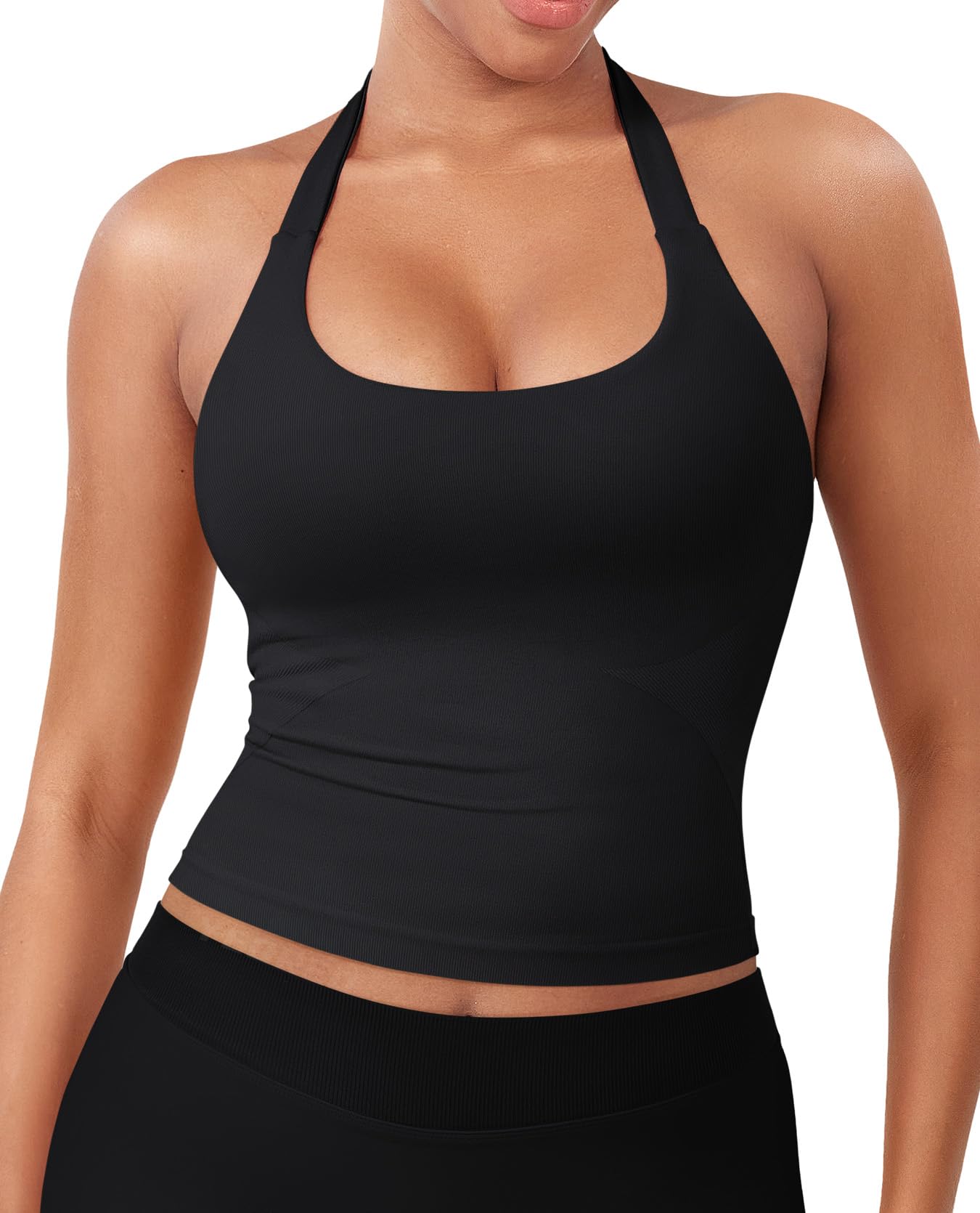 YEOREO SoftHue Women's Impact Halter Tank Top Longline Backless Scoop Neck Built-in Bra Sports Workout Gym Crop Top