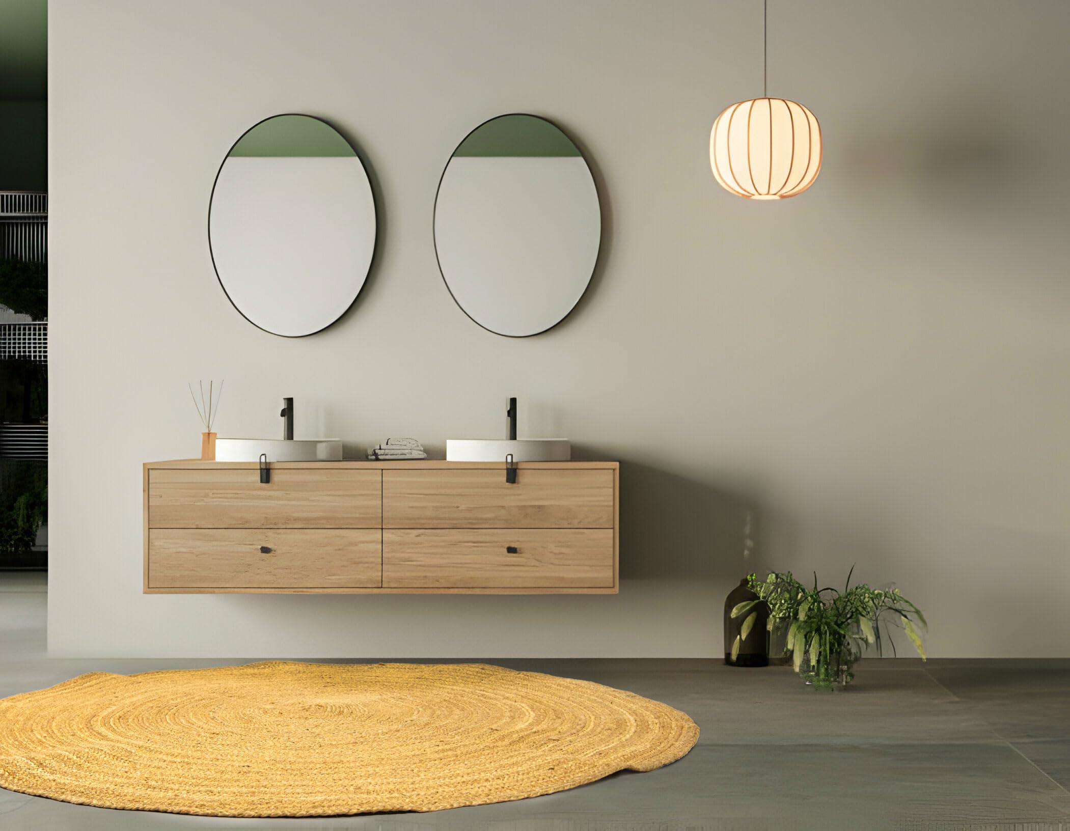 Tapis rond en jute tissé à la main 100 % fibre naturelle - Motif bohème ethnique moderne - Couleur naturelle - Pour salon, chambre à coucher, couloir (250 cm) - EKR-J101