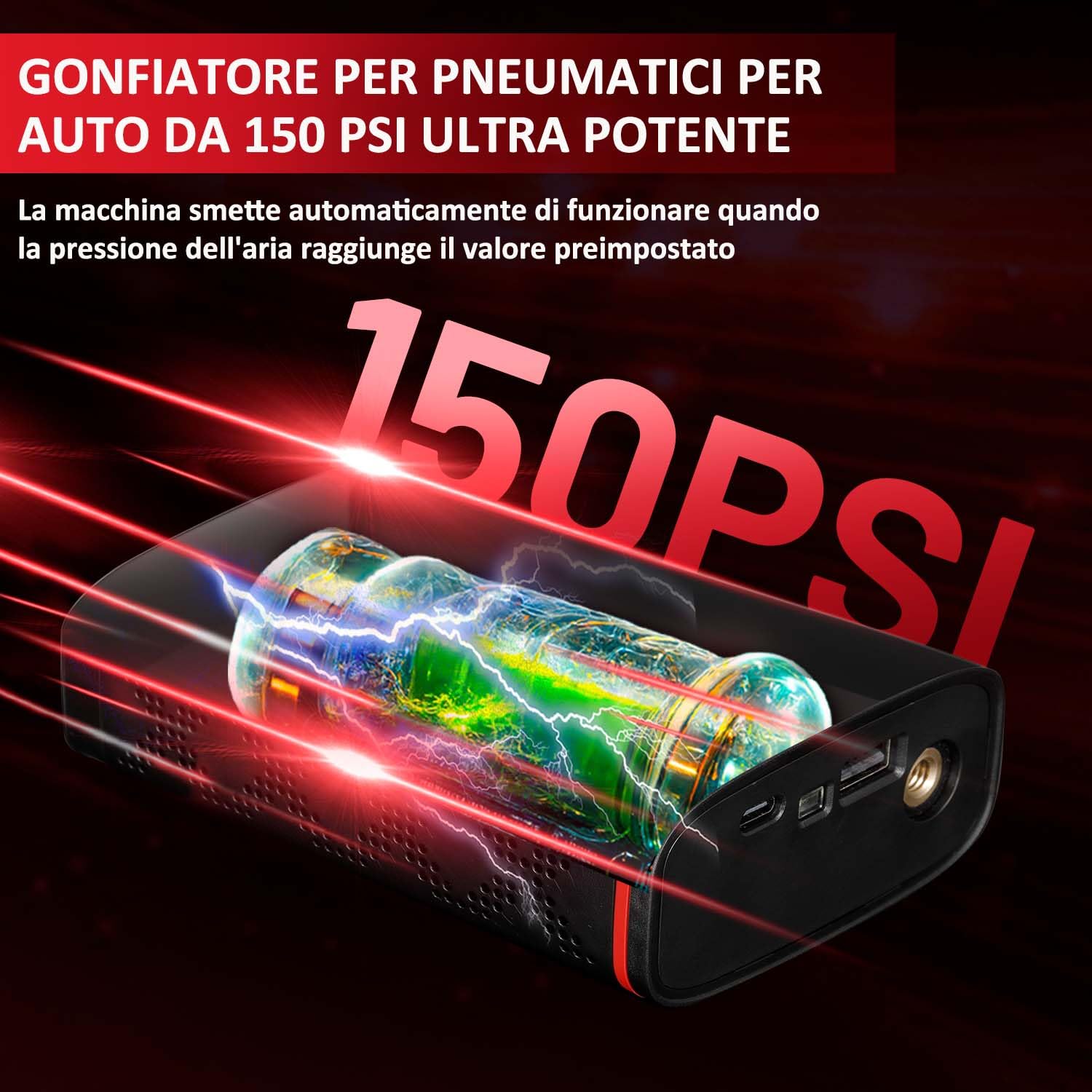 Hancaner Mini Compressore Aria Portatile, Compressore Aria Portatile Auto150PSI 7.4V 6000mAh con 4 Unità di Misurazione Della Pressione Display LCD per Auto, Bici, Moto, Scooter e Pallone.