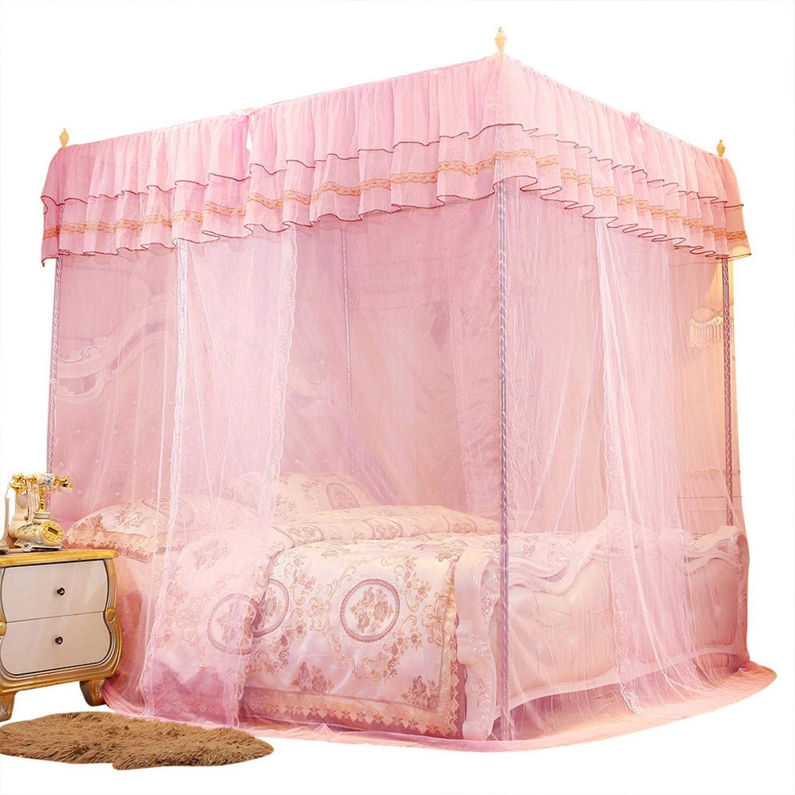 4 Corner Post Bed Canopy, Luxury Princess Net, 3 Side Openings, Polyester/Lace, Pink, Romantic Style, Single/Double/King Size, 150 x 150 x 200 cm