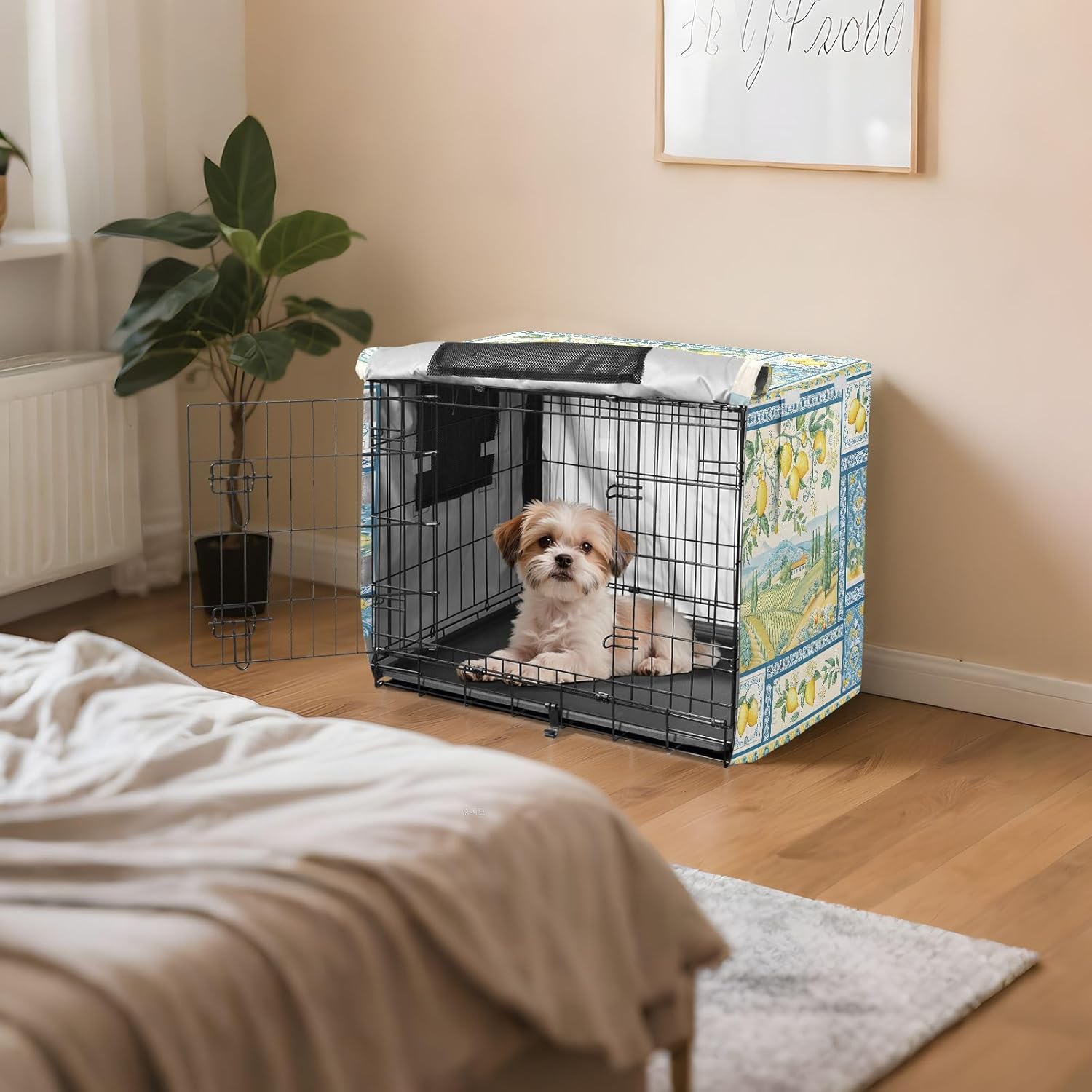 Farm Life Lemon Dog Crate Cover 600D Oxford Pet Kennel Cover with Mesh Window for Dog Cages, Windproof Waterproof Machine Washable, 42"x28"x30"