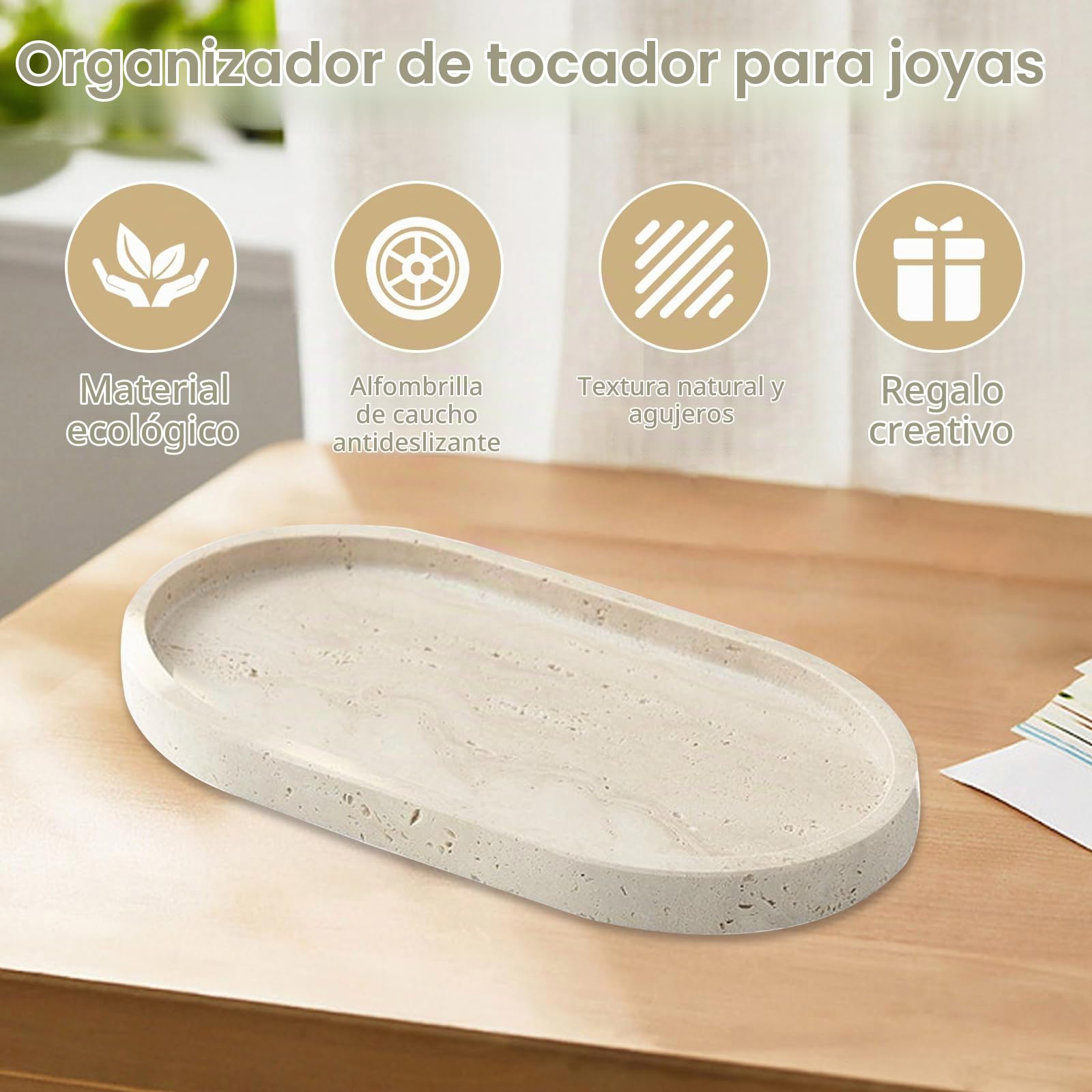 Bandeja Decorativa, Bandeja para Joyas De Mármol Natural Bandeja De Baño Beige Bandeja Ovalada para Perfumes Cosméticos Velas Y Llaves para Salón Y Dormitorio