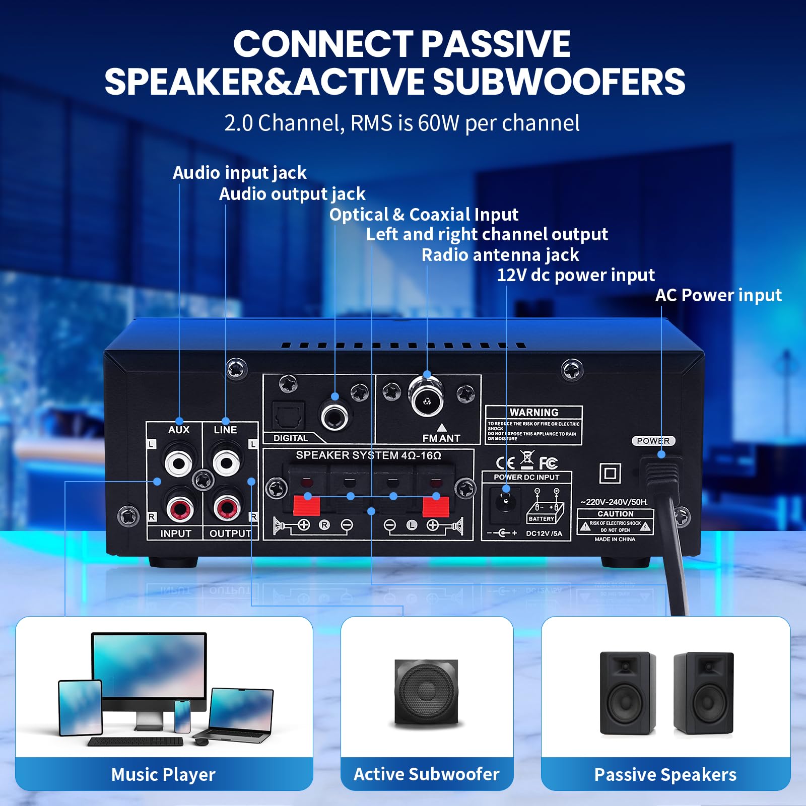 BT-398A Amplificateur Audio, Amplificateur Bluetooth 5.0 2.0 canaux 60Wx2 Mini Amplificateur haut-parleurs Amplificateurs de son numériques avec radio FM USB SD Card pour système audio home cinéma