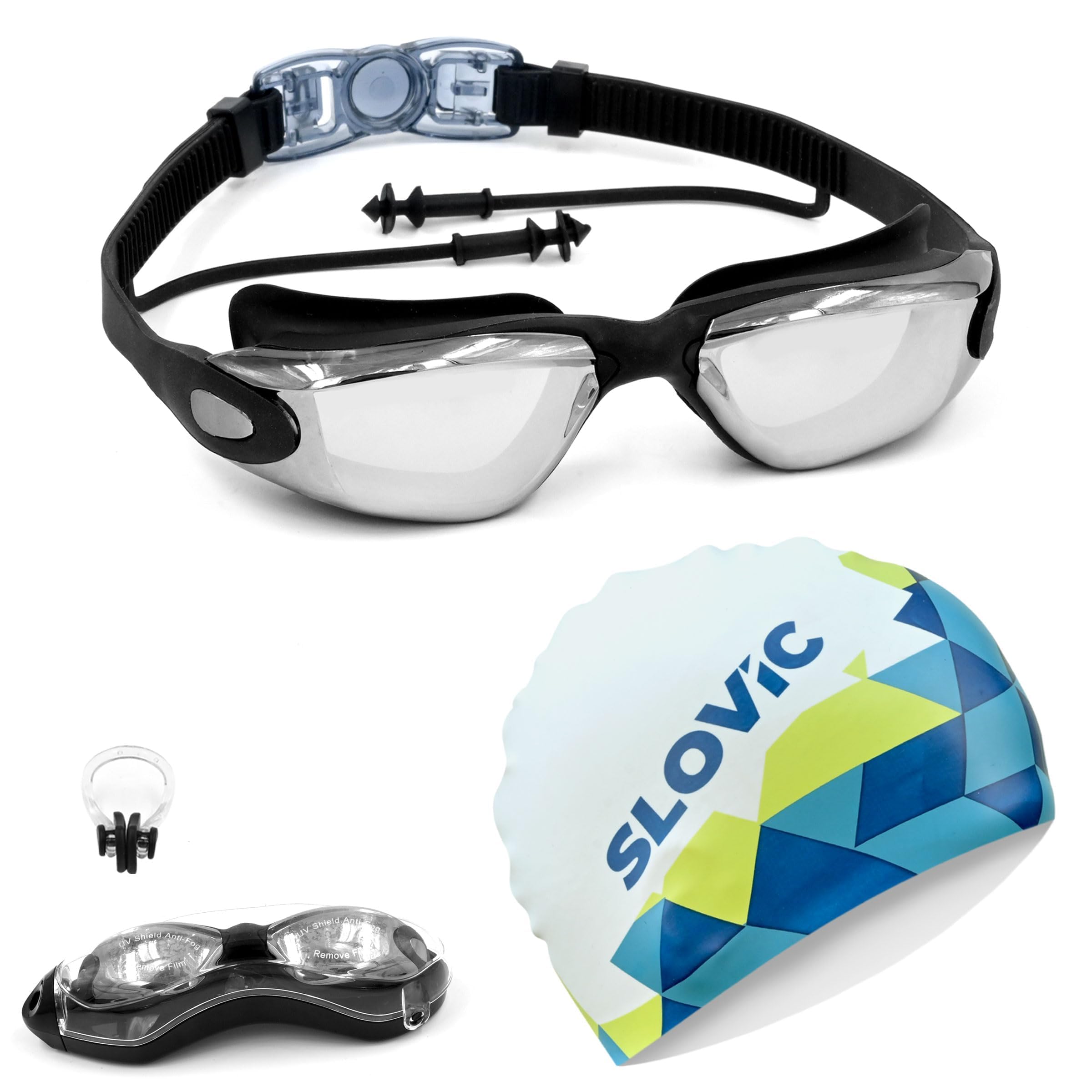 SLOVIC Black Swimming Goggles & White-Blue Printed Swimming Caps for Men & Women with Silicon Nose Bridge | Free Size Cap, UV-Protected Anti-Fog Glasses, Push-Button Strap with Ear Plugs & Nose Clip (B0CWNT2MRS) Amazon Price History, Amazon Price Tracker