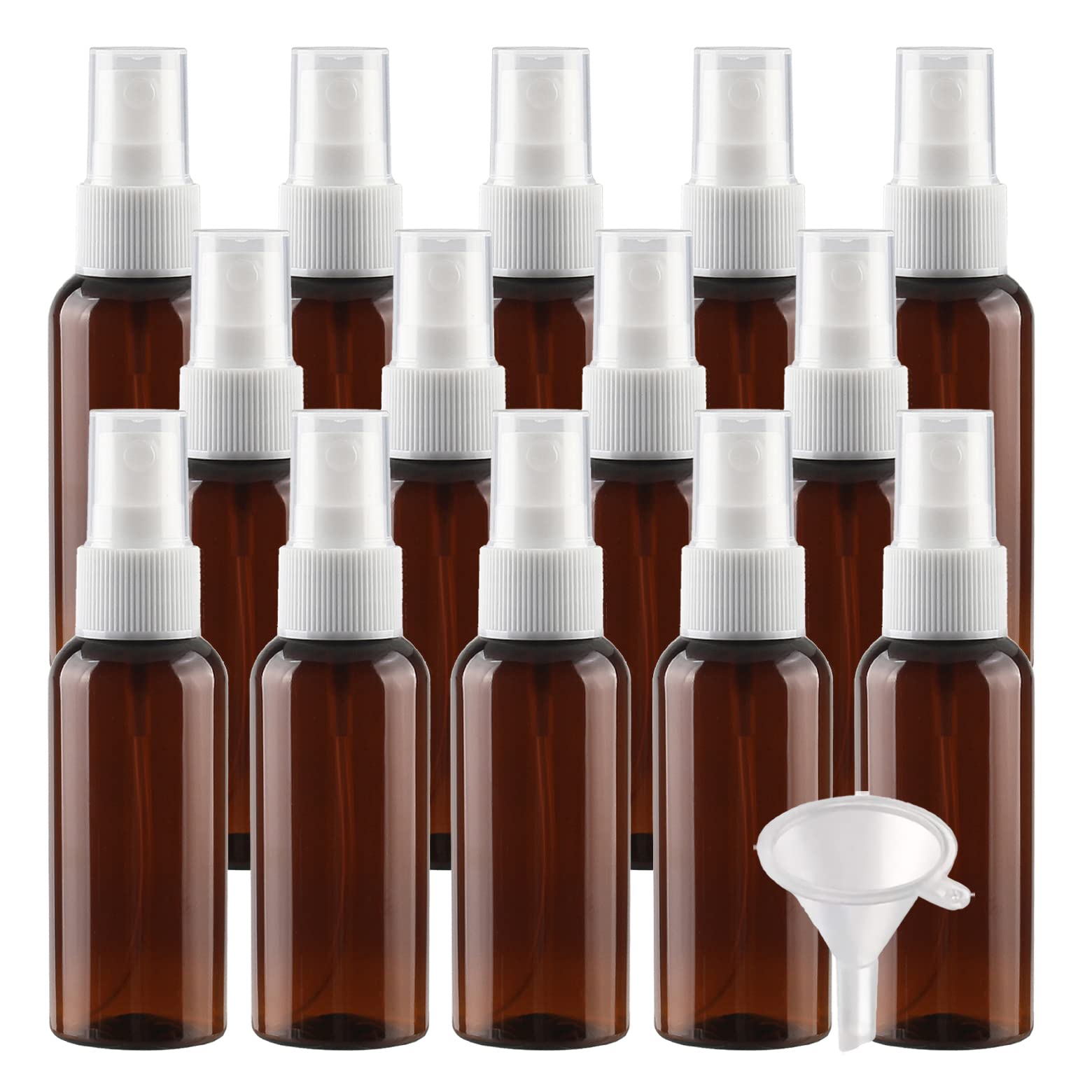 100 Stück Leer Klein 50ml Braun Plastik PET Sprühflasche Reise Zerstäuber mit Weiß Sprühkopf Nebel Reiseflaschen Parfümzerstäuber für Kosmetik Parfüm mit 4x Trichter
