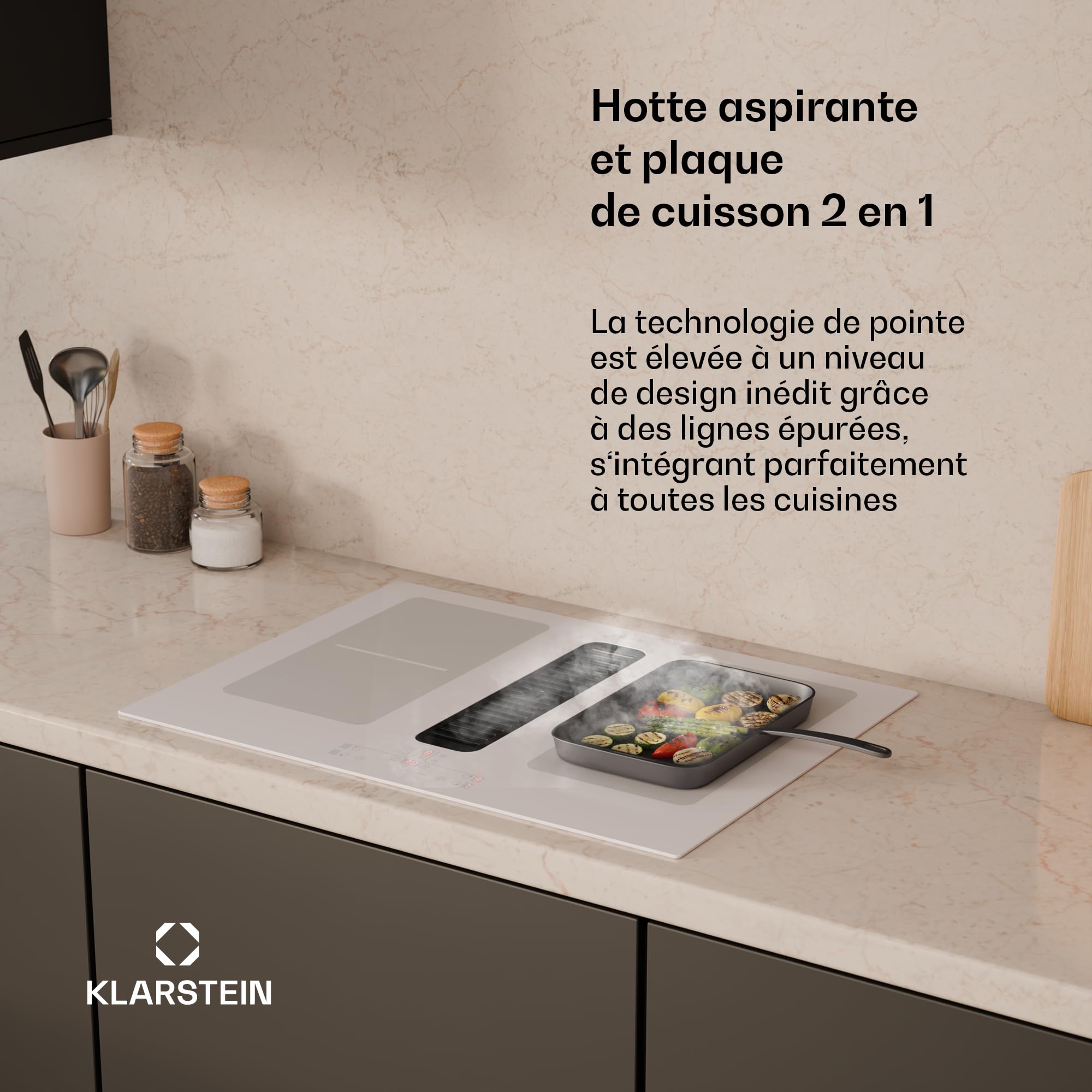 Klarstein Full House Plaque Induction Avec Hotte Intégrée - 4 Zones, 7335W Boost, Commande Tactile, Zones Flexibles, Minuterie, Sécurité Enfants, Vitrocéramique 70cm, Plaque Aspirante, White