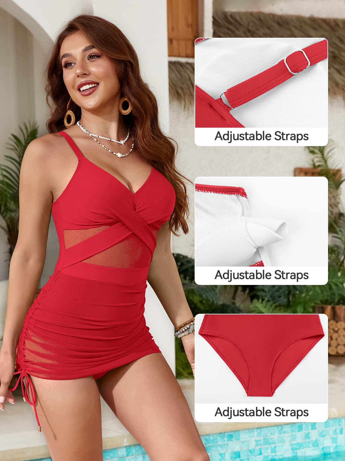 SHEKINI Costume da bagno intero da donna, modesto controllo della pancia, scollo a V, con torsione frontale imbottita, costume da bagno in rete