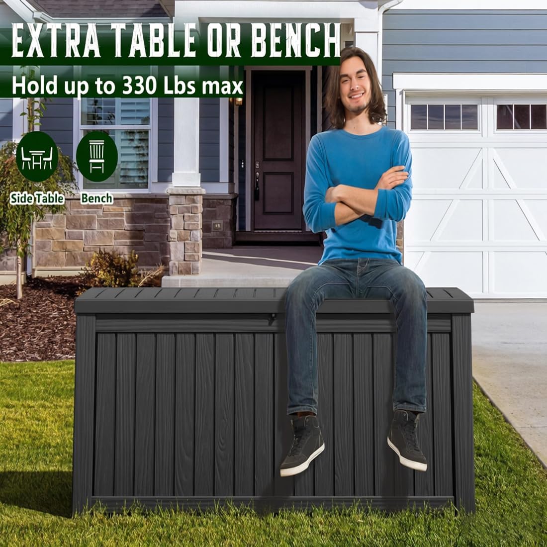 NUNU LAB 120 Gallon Outdoor Storage Box,Resin Large Sturdy Deck Box, Backyard Outside Storage Box Waterproof with Double Wall Panels,Package Delivery Box,Garden Box,Tool Box,Outdoor Hose Storage Bin