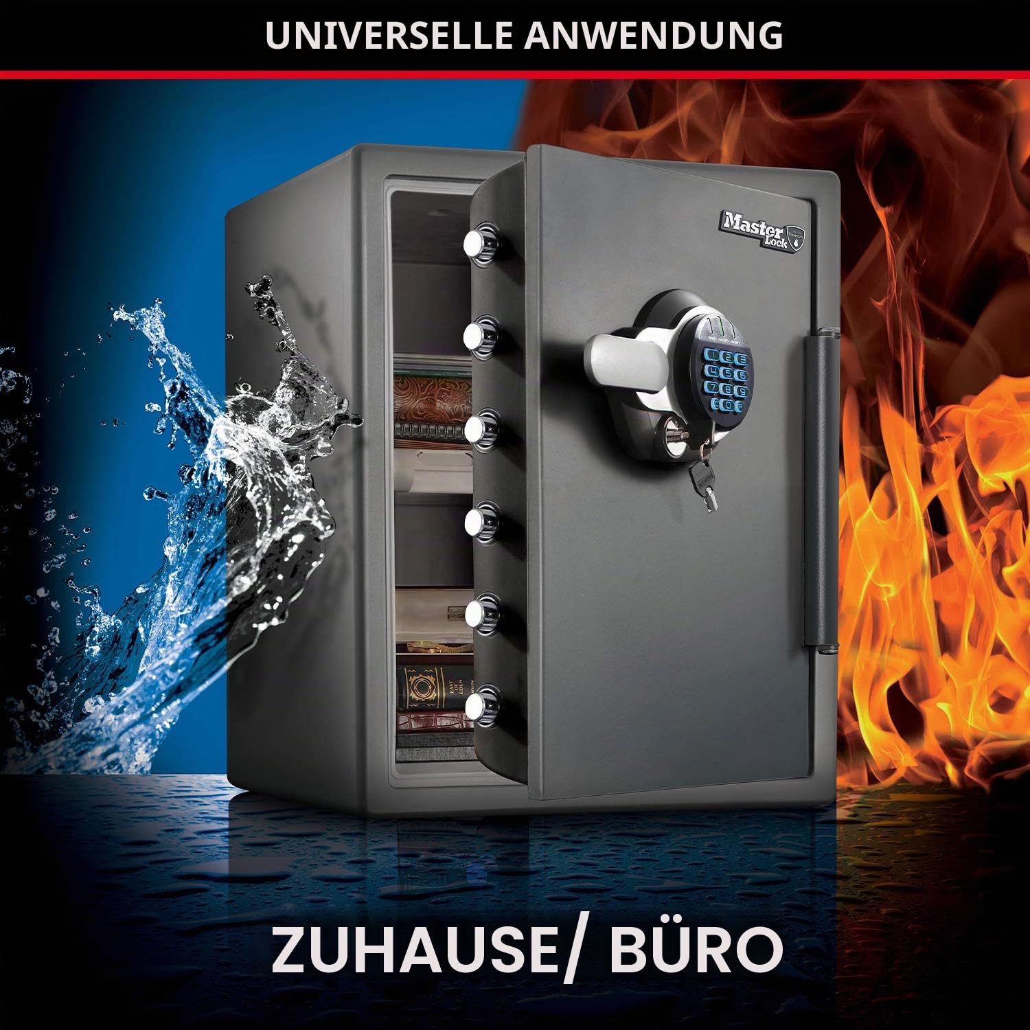Master Lock Tresor Feuerfest und Wasserdicht mit Zahlencode und Schlüssel, Dreifacher Schutz - Flug, Feuer und Flut, elektronische Kombination und Schlüssel, 56,6 L, 60.3 x 47.2 x 49.1 cm