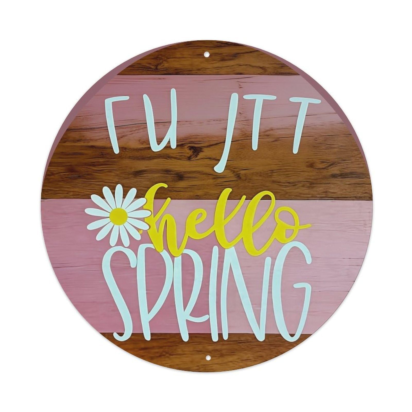 Hello Spring Flower Wood Pattern Round Tin Sign Vintage Metal Sign Home Bar Garden Indoor & Outdoor Wall Decor Retro Metal Poster 8x8 Inch