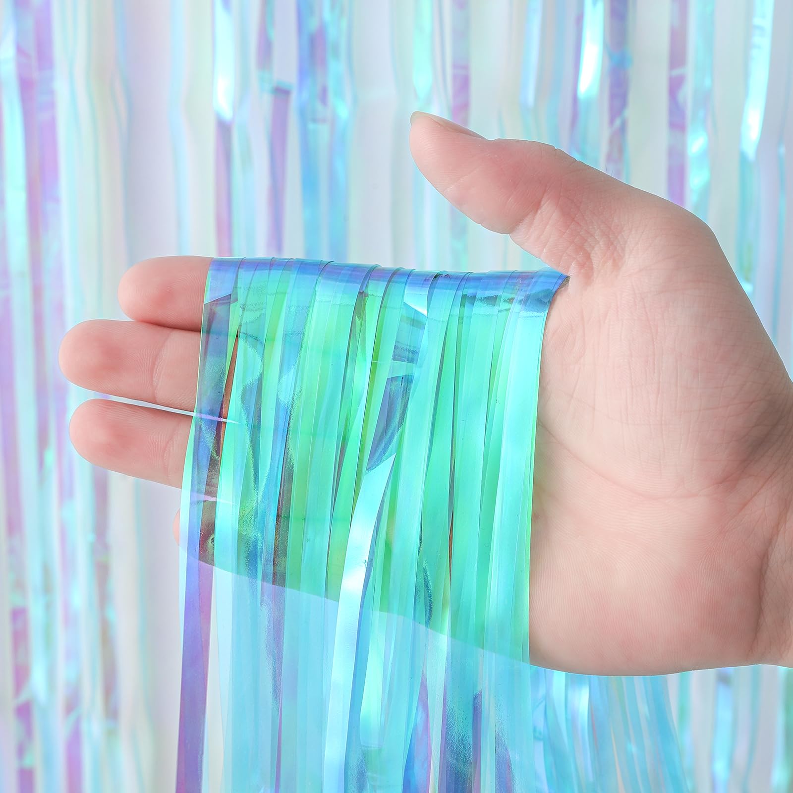 Voircoloria 4 Pack 3.3x8.2 Feet Neon Iridescent Foil Fringe Backdrop Curtains, Tinsel Streamers Birthday Party Decorations, Fringe Backdrop for Graduation, Baby Shower, Gender Reveal, Disco Party