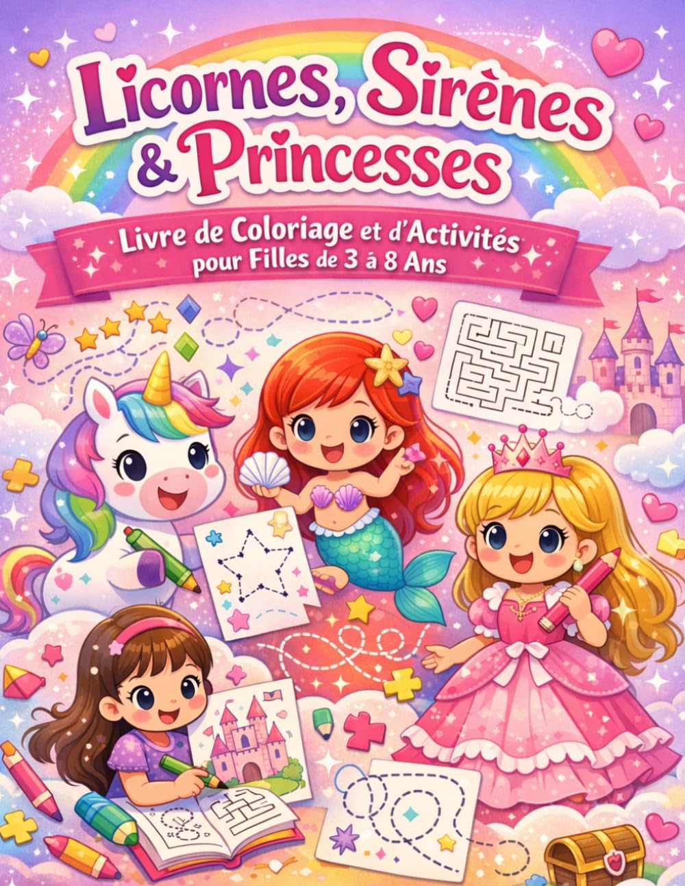 Licornes, Sirènes & Princesses – Livre de Coloriage pour Filles de 3 à 8 Ans: Cahier d’activités créatives avec coloriages faciles, labyrinthes et ... pour développer l’imagination des enfants
