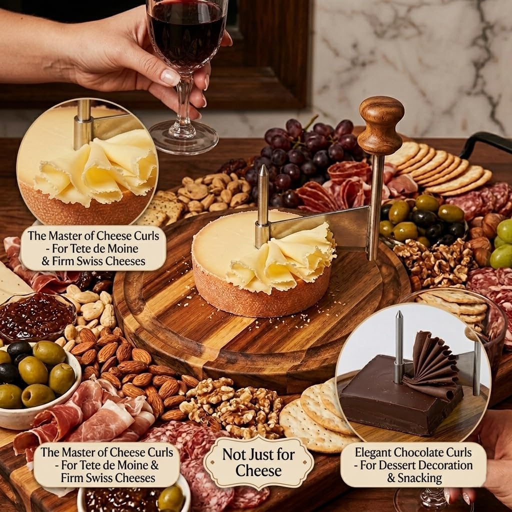 Acacia Wood Cheese Curler with Non-Slip Base and Handle, Stainless Steel Cheese Slicer and Shaver for Tete de Moine Wheel, Elegant Gourmet Food Tool for Charcuterie Board Entertaining