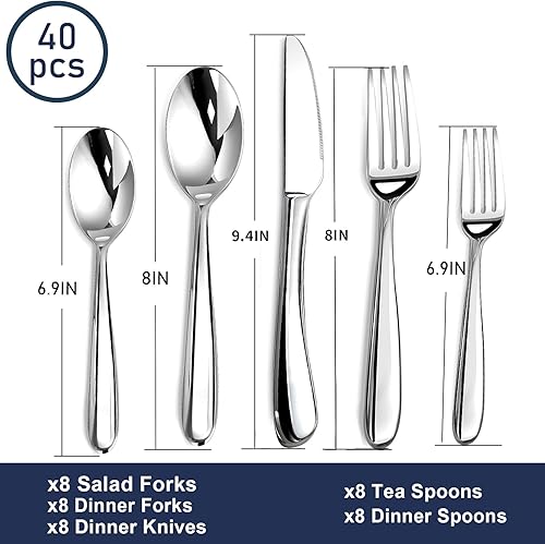 Vista 26 de Juego de cubiertos para 8, 40 piezas de cubiertos de acero inoxidable resistente, incluye cuchillo de carne, tenedor y cuchara, apto
