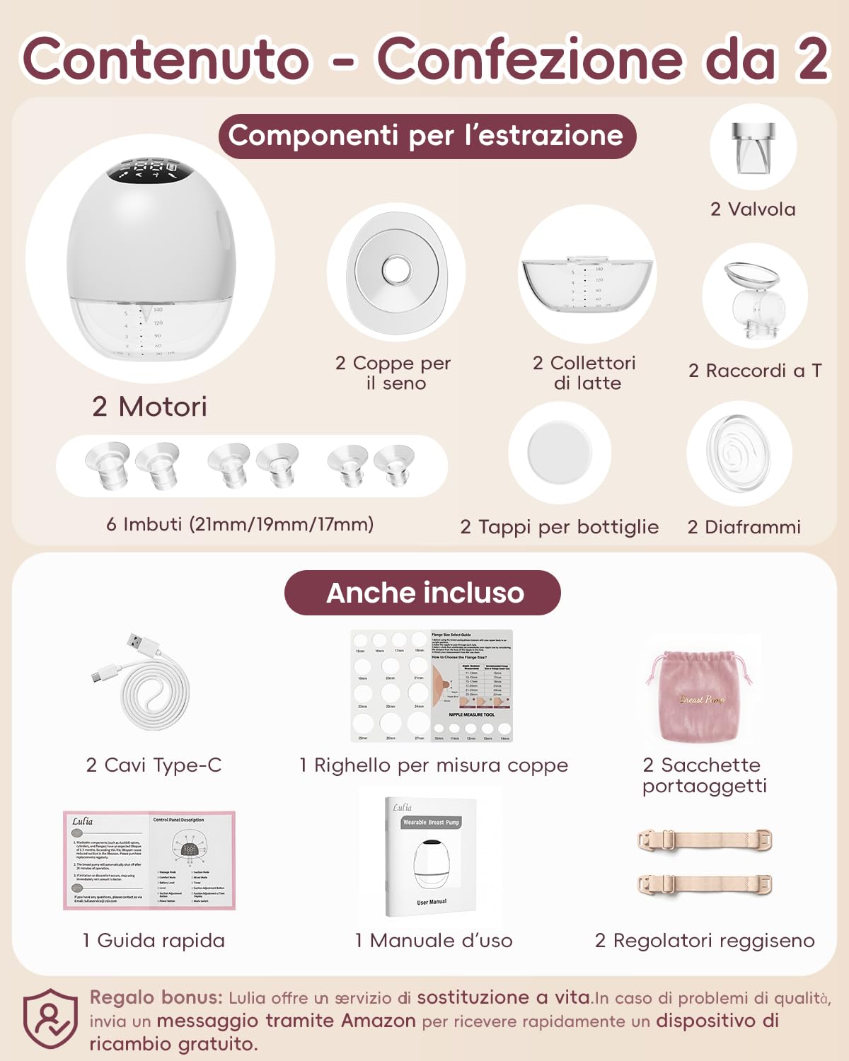 Tiralatte Elettrico Indossabile, 4 Modalità e 9 Livelli, Forte Aspirazione 380mmHg, Resistente alle Perdite, Funzione di Memoria, Portatile Tiralatte con 4 17/19/21/24mm Flange, Bianco -2 Pezzo