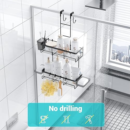 Miniatura 4 de Organizador de ducha para colgar sobre la puerta organizador de ducha a prueba de óxido negro sobre la puerta - Estante de baño sin taladrar para el