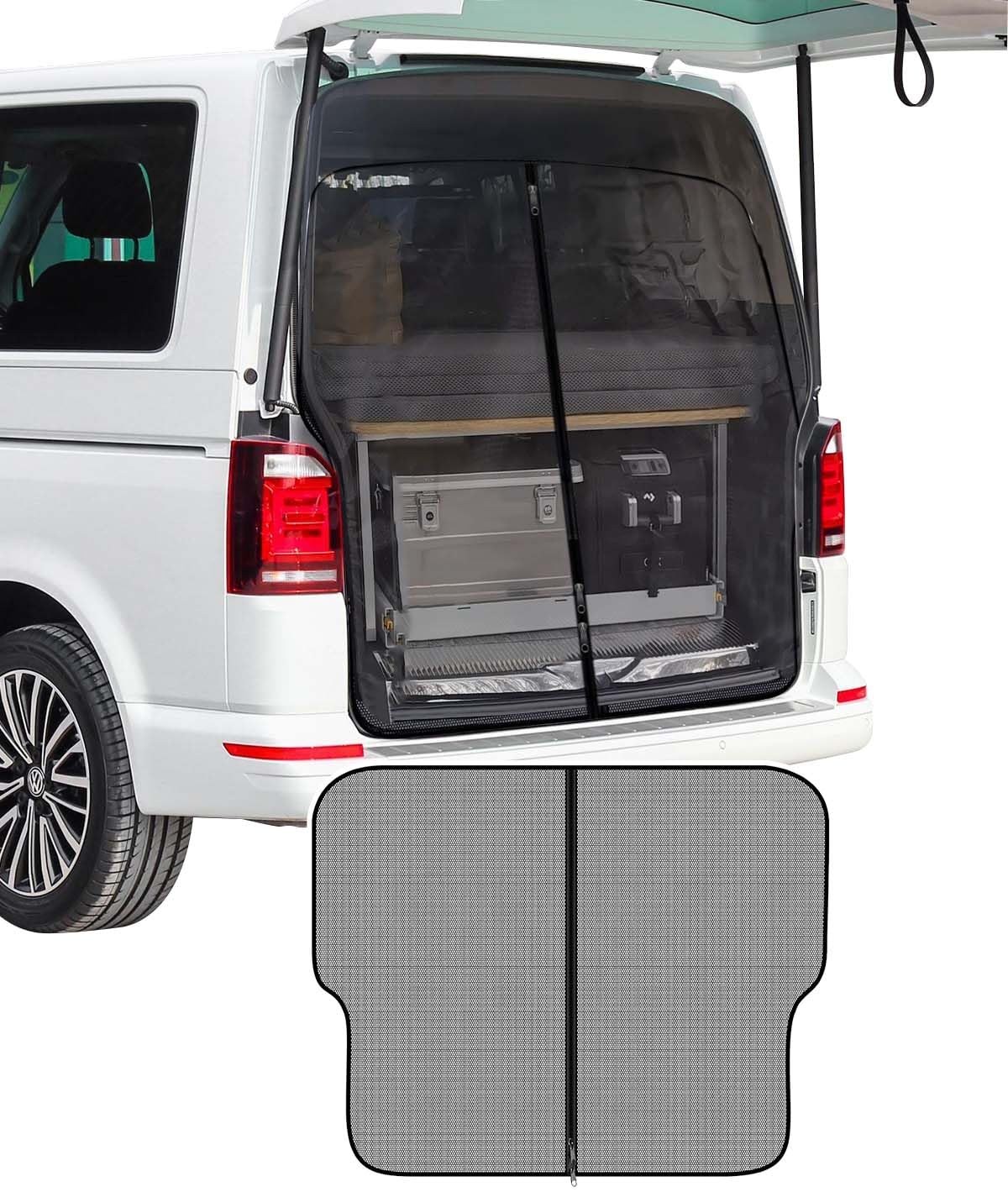 Osłona przeciwsłoneczna na tylne drzwi auta Kompatybilna z VW T6, T5, osłona bagażnika z TRZYMI zamkami błyskawicznymi, magnetyczna przegroda, zasłona, siatka antymoskito dla wycieczek na kemping
