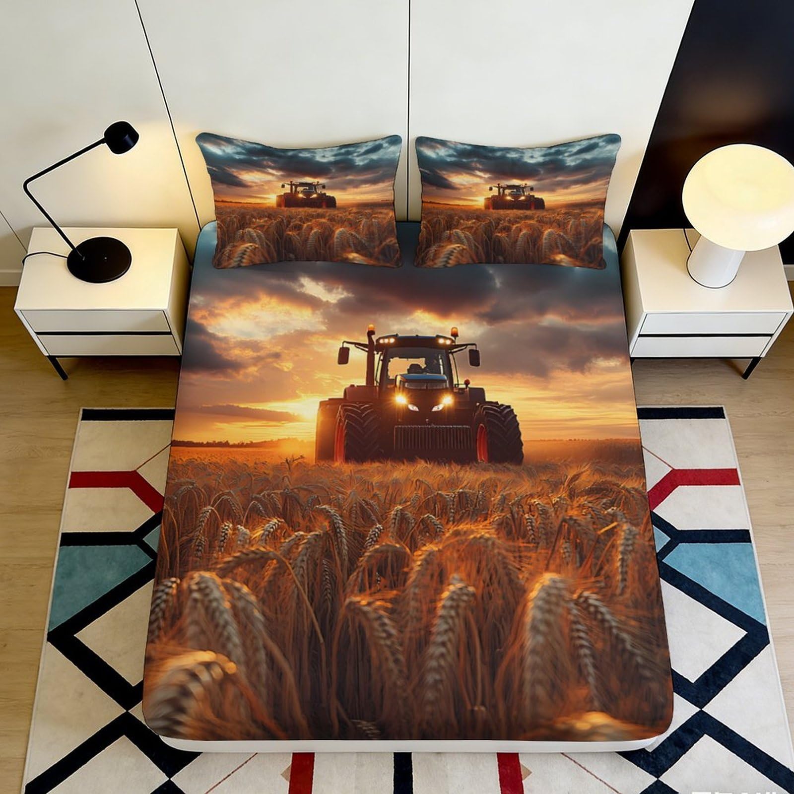 Jqzkxnhpbr Style-1 3D Printed Wheat Field Tractor Fitted Sheet Microfiber Anti-Slip Farm Sunset Bed Cover For Bedroom Dorm Mattress Decor 90X200x25cm