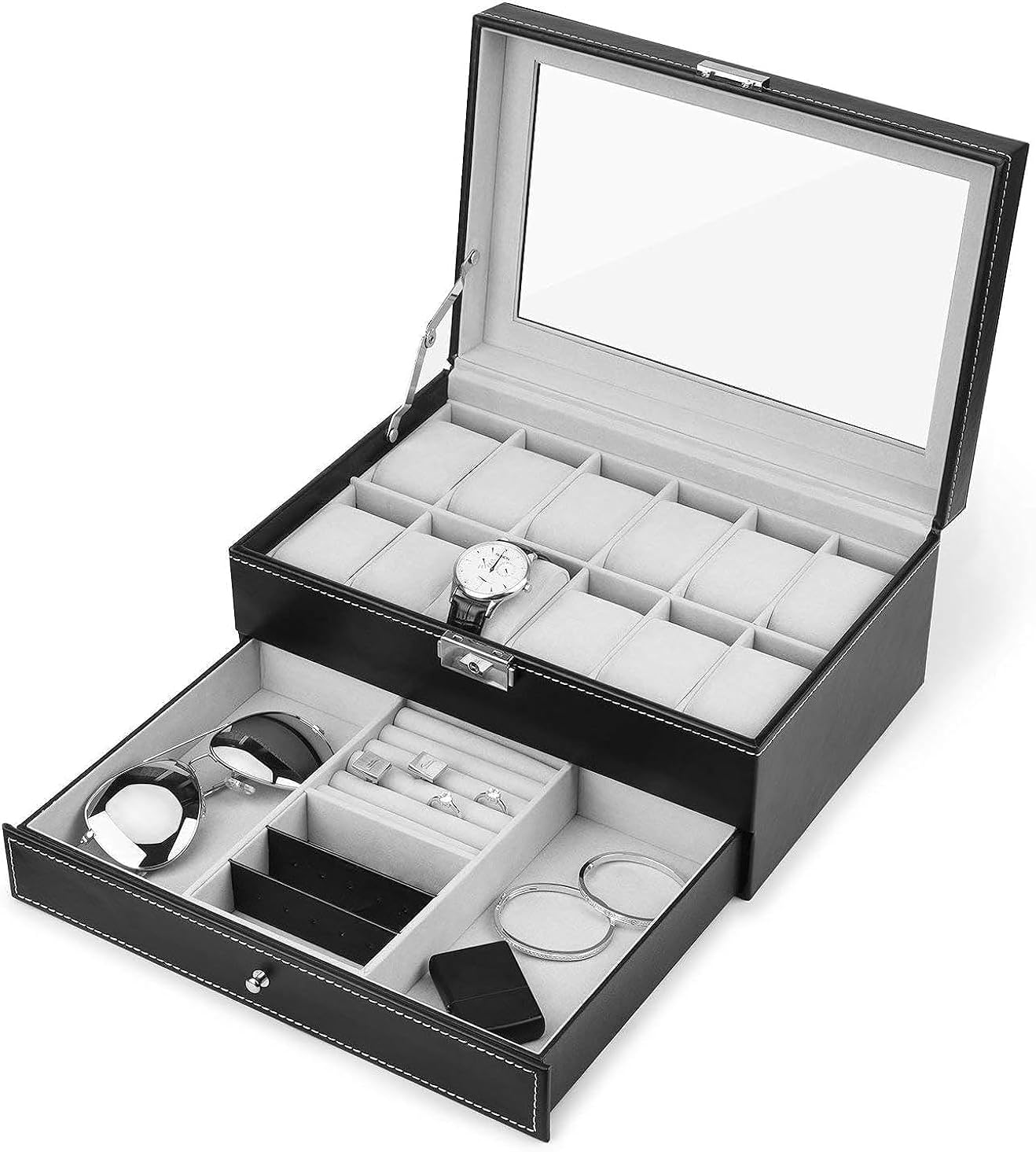 Double Layer Jewelry Box with Drawer Case For Watch, Black