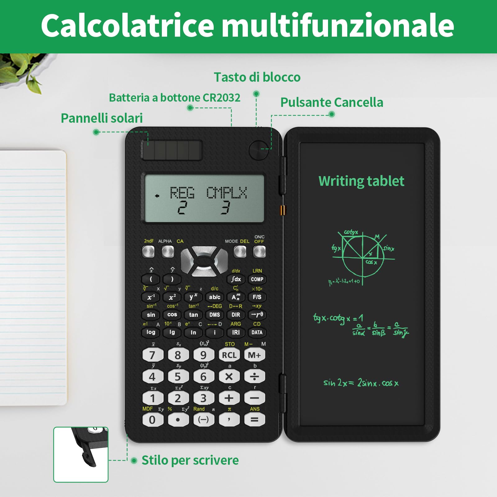 NEWYES Calcolatrice Scientifica 349 Funzioni,Aggiornata 991MS Calcolatrici con Lavagnetta da Scrittura, con Batteria Solare, Professionale, Portatile, Pieghevole, per Studenti, Insegnanti