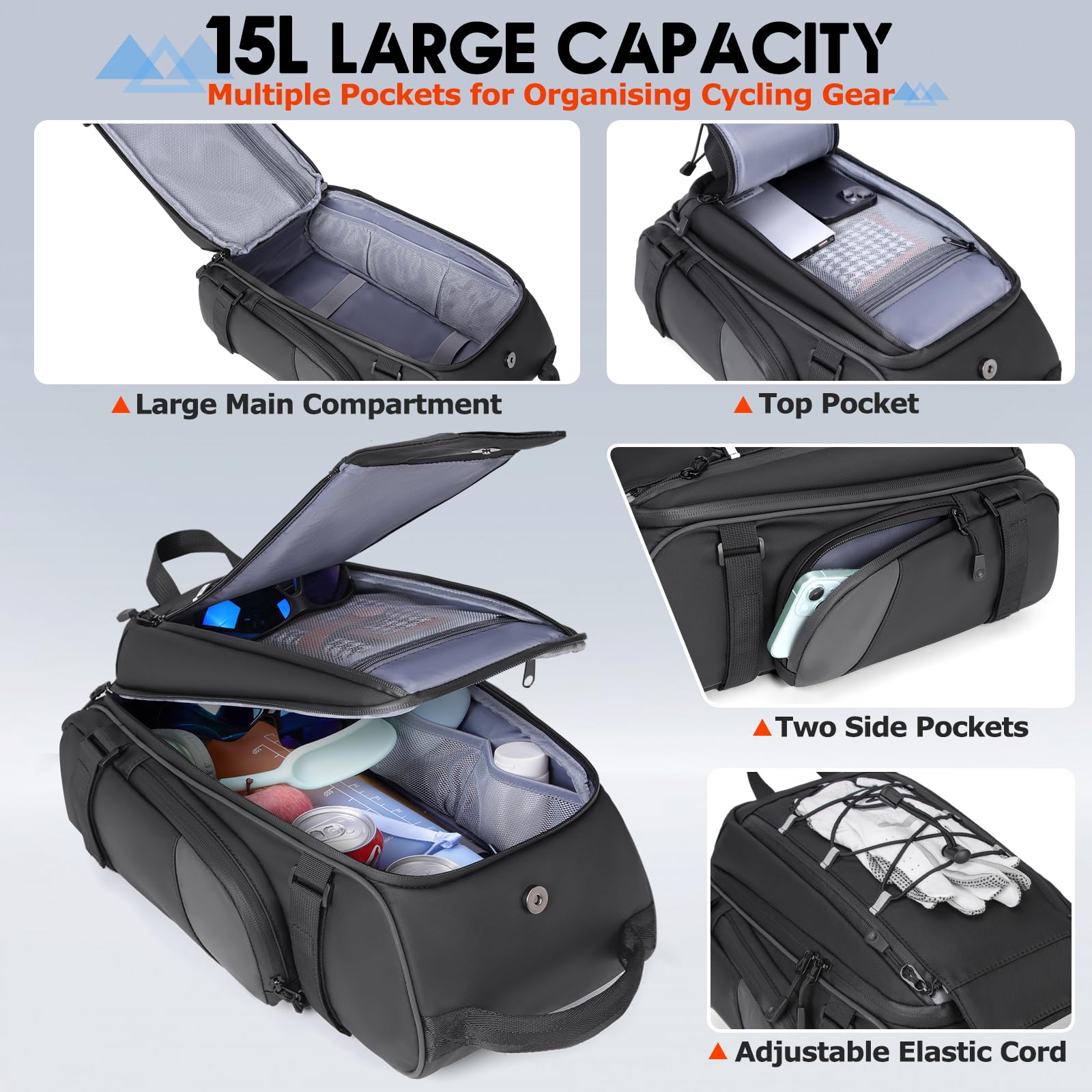 RAINSMORE Bike Bags for Bicycle Rear Rack 15L Waterproof Bike Ebike Trunk Pannier Saddle Bag with Rain Cover Bike Accessories Backpack Shoulder Bag for Commuter Travel Outdoor, Black