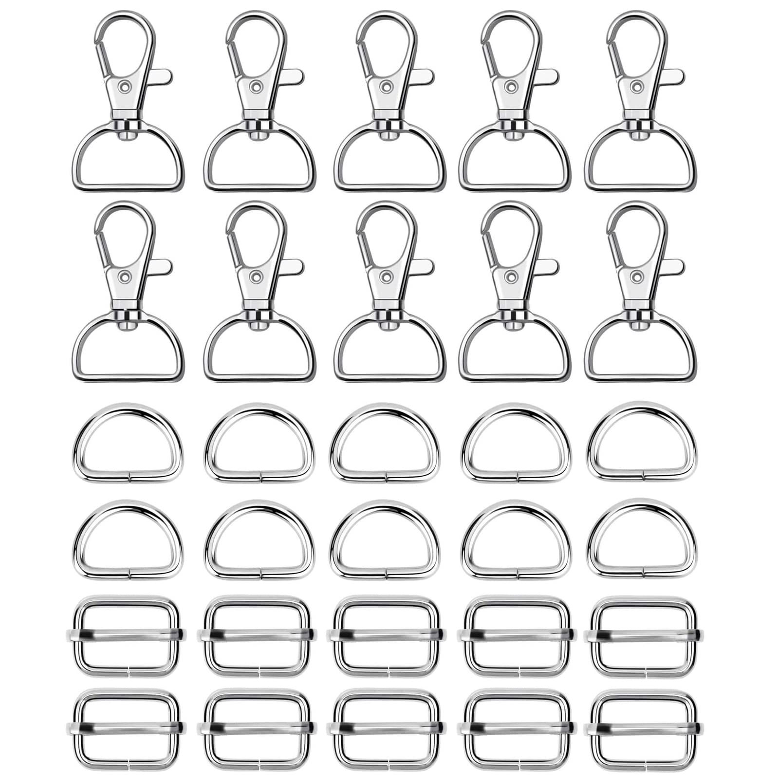WAFJAMF Metal Snap Hook Ring Bulk 30 Pcs, Swivel Clasp Buckle and Non-Welded D Ring 10Pcs, Adjustable Rectangular Buckle (1' Inside Width Sliver)