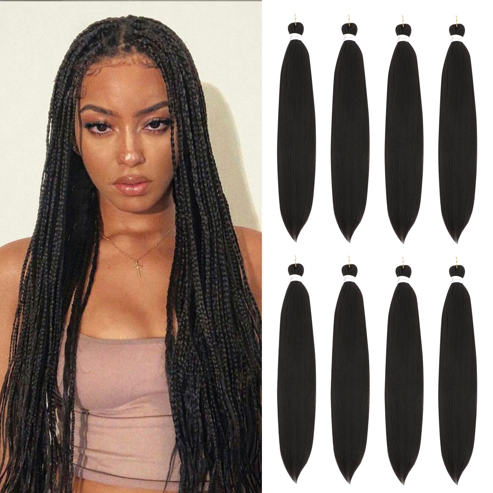 Pre Stretched Braiding Hair 24 Inch Braiding Hair Extension for Twist Or Box Braids 8 Packs Crochet Braids Hair Extensions Synthetic EZ Braid Hot Water Setting Soft Yaki Texture(24Inch