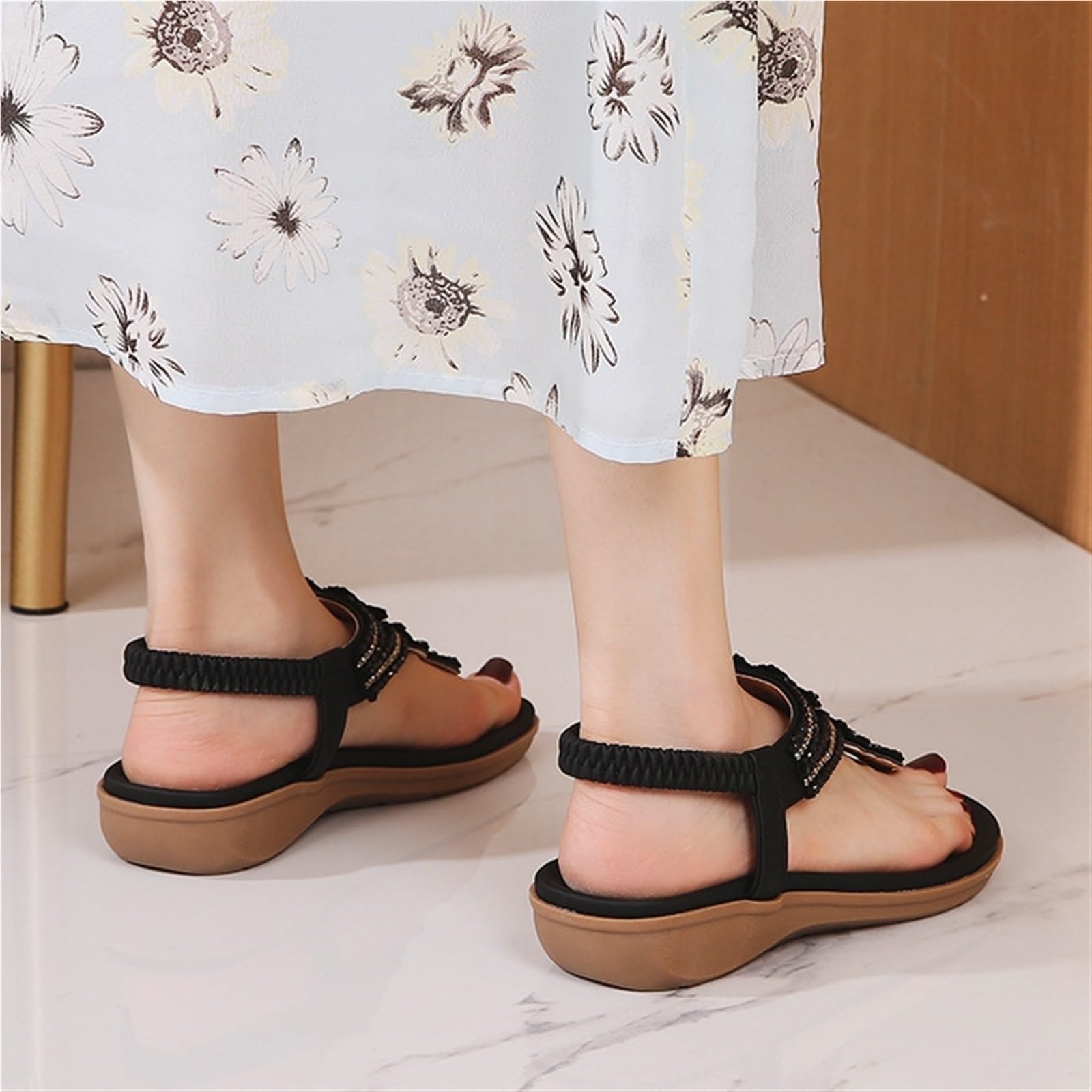 Donna Pizzicare la punta del piede Sandali Strass Perline Boemo Vestito Ciabatte infradito Gladiatore Scarpe Comfort Punta aperta Elastico Cinghia Sandali