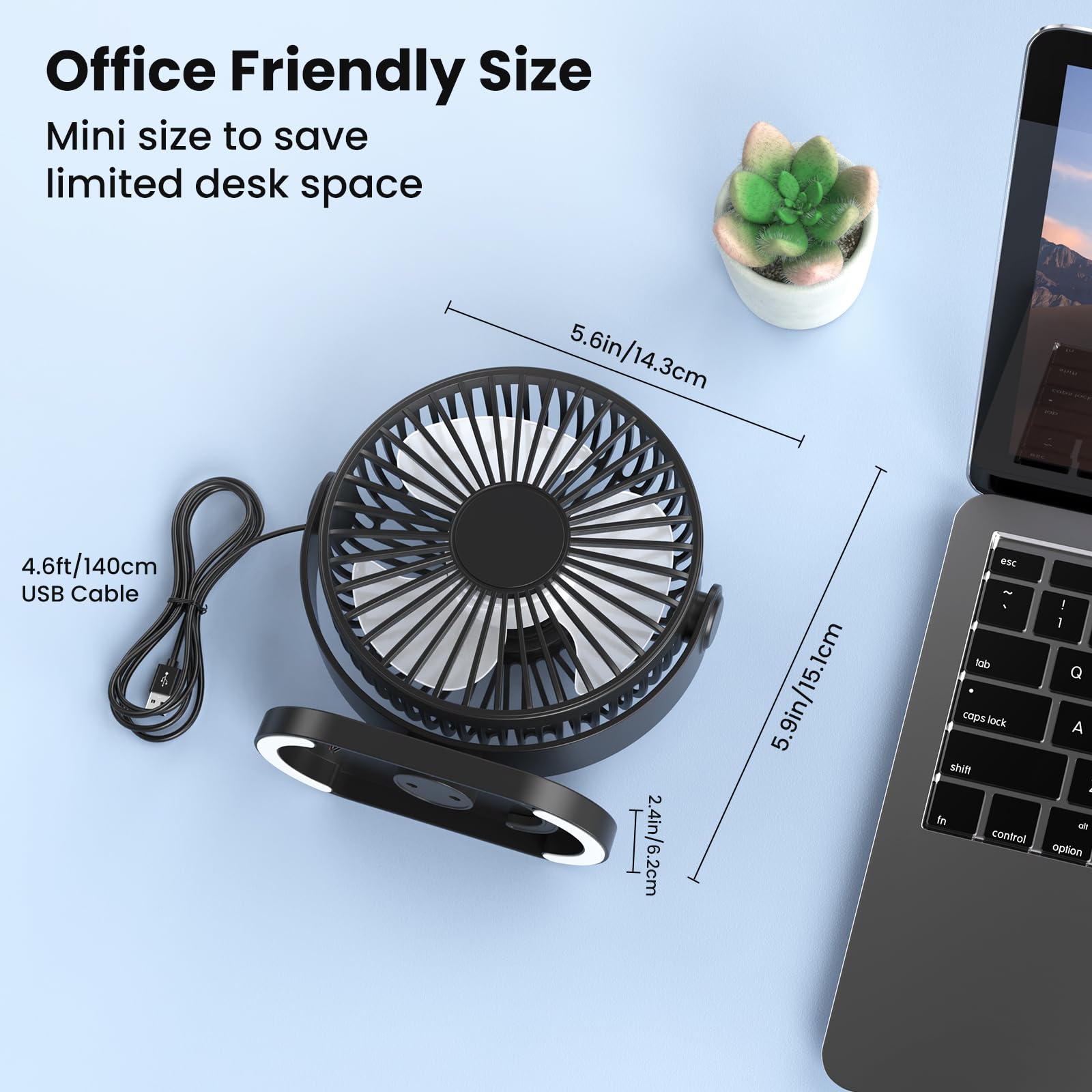 Wentylatory Biurkowe USB Białe, Mały Wentylator Biurkowy, Mocny i 3-Biegowy Obrót o 360°, Cichy Wentylator Biurkowy z Haczykiem i Antypoślizgową Gumą, Mini Wentylator Osobisty, Przenośny Wentylator