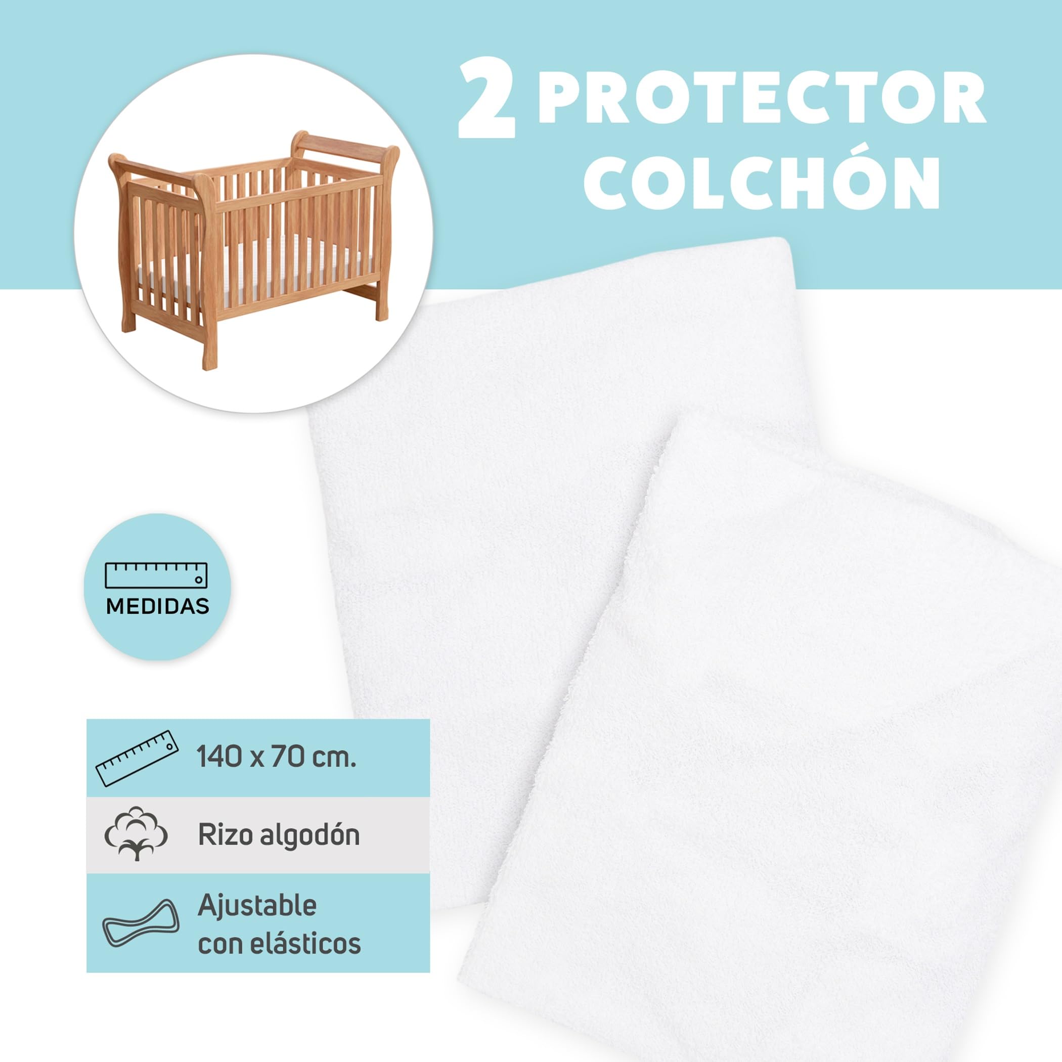 Ti TIN, Set of 2 Mattress Protectors for Child/Baby Bed, 70 x 140 cm, White 2 Units - Image 2