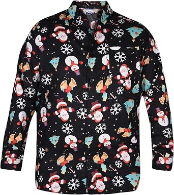 True Face Mens Christmas Shirt Xmas Printed Long Sleeve Fancy Shirts Button Down Cotton Novelty Snowman Santa Bell Collared Casual Event Festive Holiday Party Top