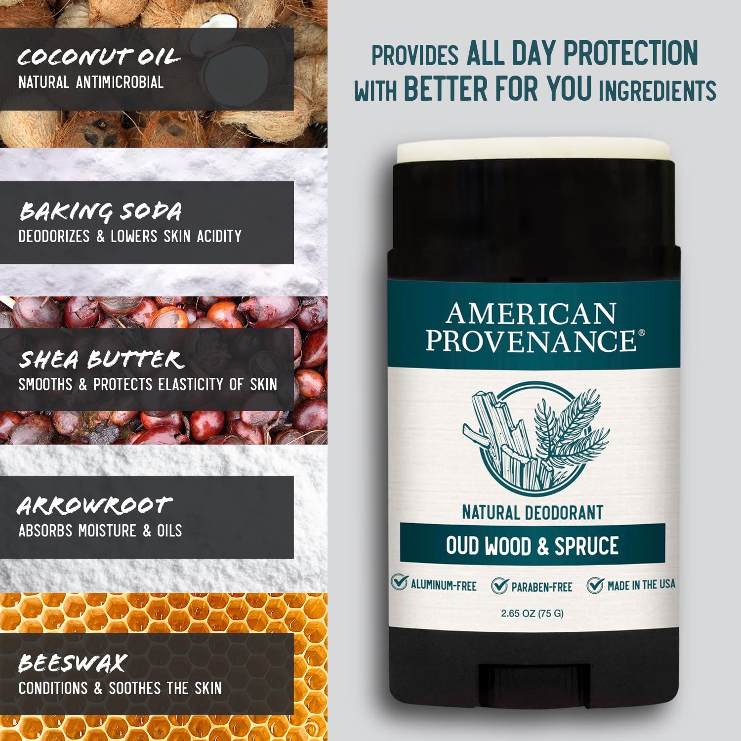 American Provenance Natürliches Deodorant, ohne Aluminium, für Damen und Herren, aus Oud-Holz und Fichte, 24-Stunden-Schutz vor schlechten Gerüchen, tierversuchsfrei, hergestellt in den USA, 1 Stück