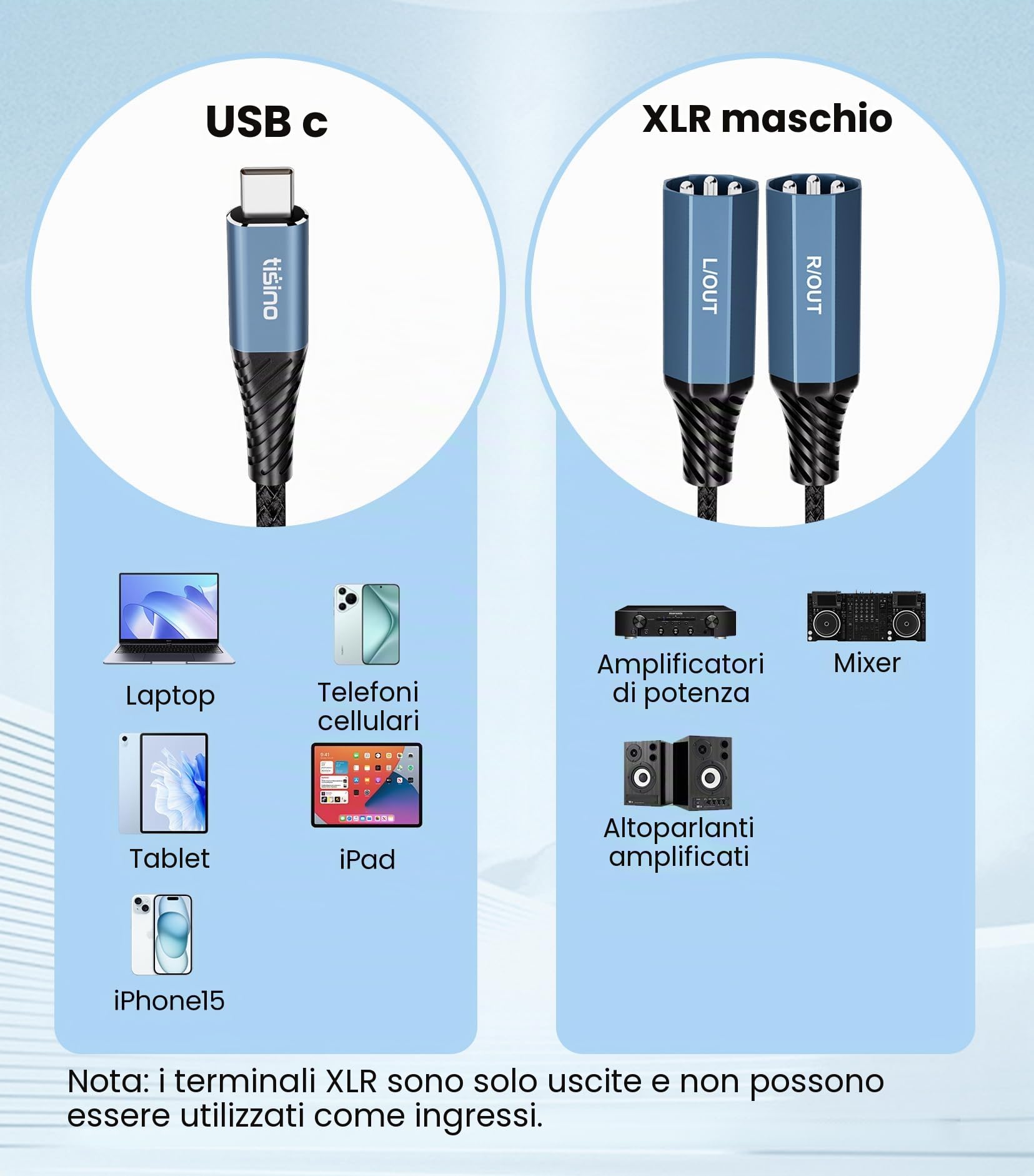 Tisino Cavo audio USB C a doppio XLR maschio（3m, cavo amplificatore di potenza stereo USB C a 2 XLR maschio per collegare il telefono cellulare all'altoparlante attivo/console mixer